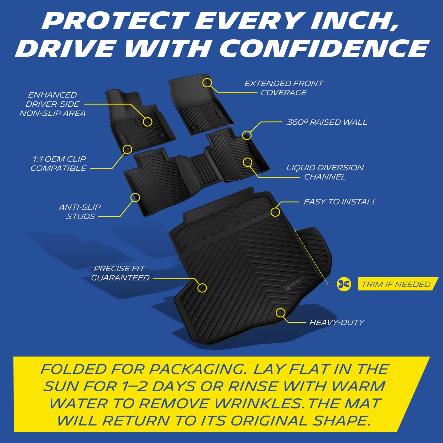 Michelin all-weather TPE floor mats, enhanced driver-side non-slip area, 1:1 OEM clip compatible, anti-slip studs, precise fit guaranteed, extended front coverage, 360° raised wall, liquid diversion channel, easy to install, trim if needed, heavy-duty. Folded for packaging, lay flat in sun for 1-2 days or rinse with warm water to remove wrinkles, mat will return to original shape.