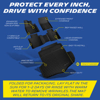 Michelin all-weather TPE floor mats, enhanced driver-side non-slip area, 1:1 OEM clip compatible, anti-slip studs, precise fit guaranteed, extended front coverage, 360° raised wall, liquid diversion channel, easy to install, trim if needed, heavy-duty. Folded for packaging, lay flat in sun for 1-2 days or rinse with warm water to remove wrinkles, mat will return to original shape.