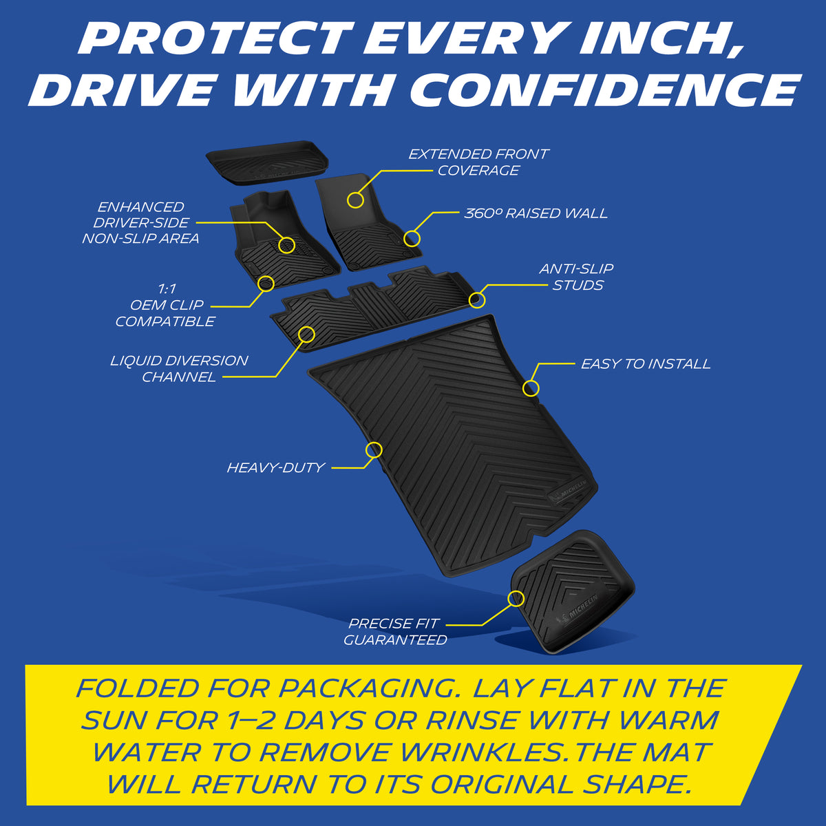 Michelin all-weather TPE floor mats full set, includes driver, passenger, rear bench, and cargo mats, advanced protection for vehicles, custom-fit car mats.