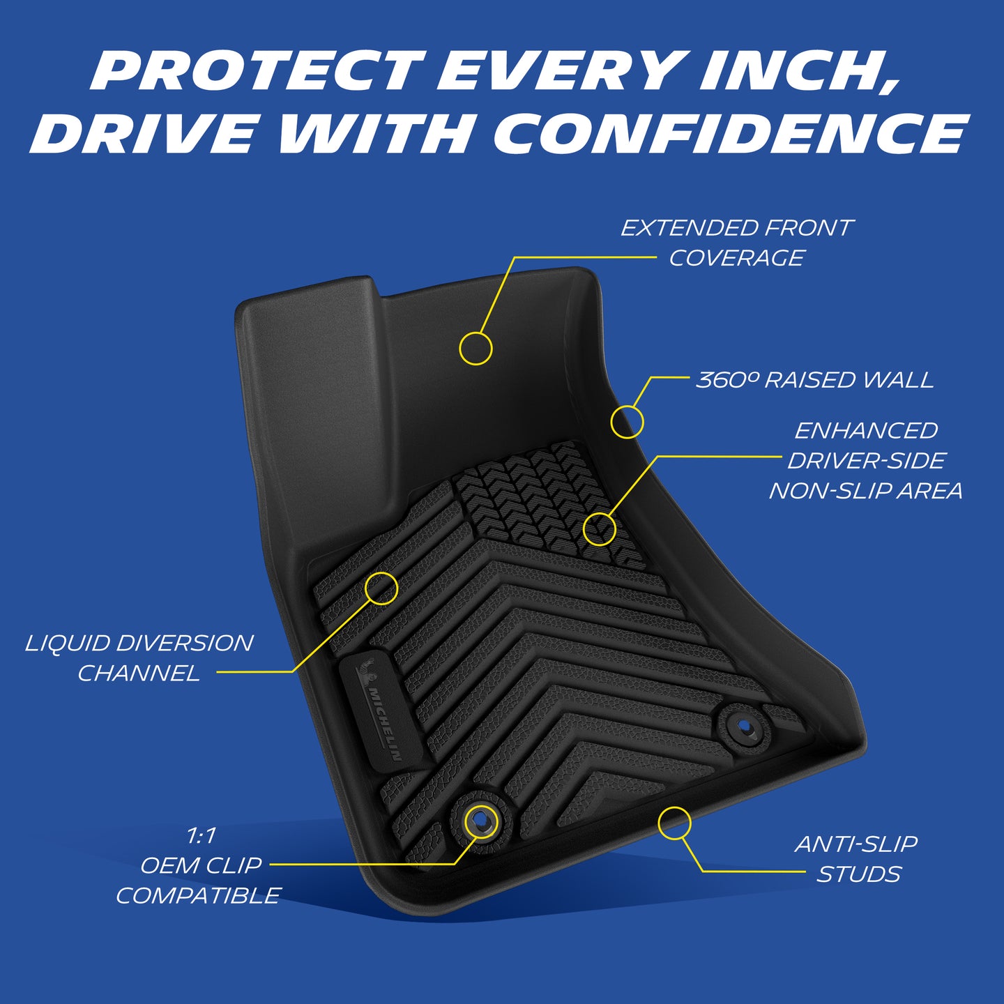 Extended coverage, anti-slip studs, raised wall, OEM clips, drainage channels.