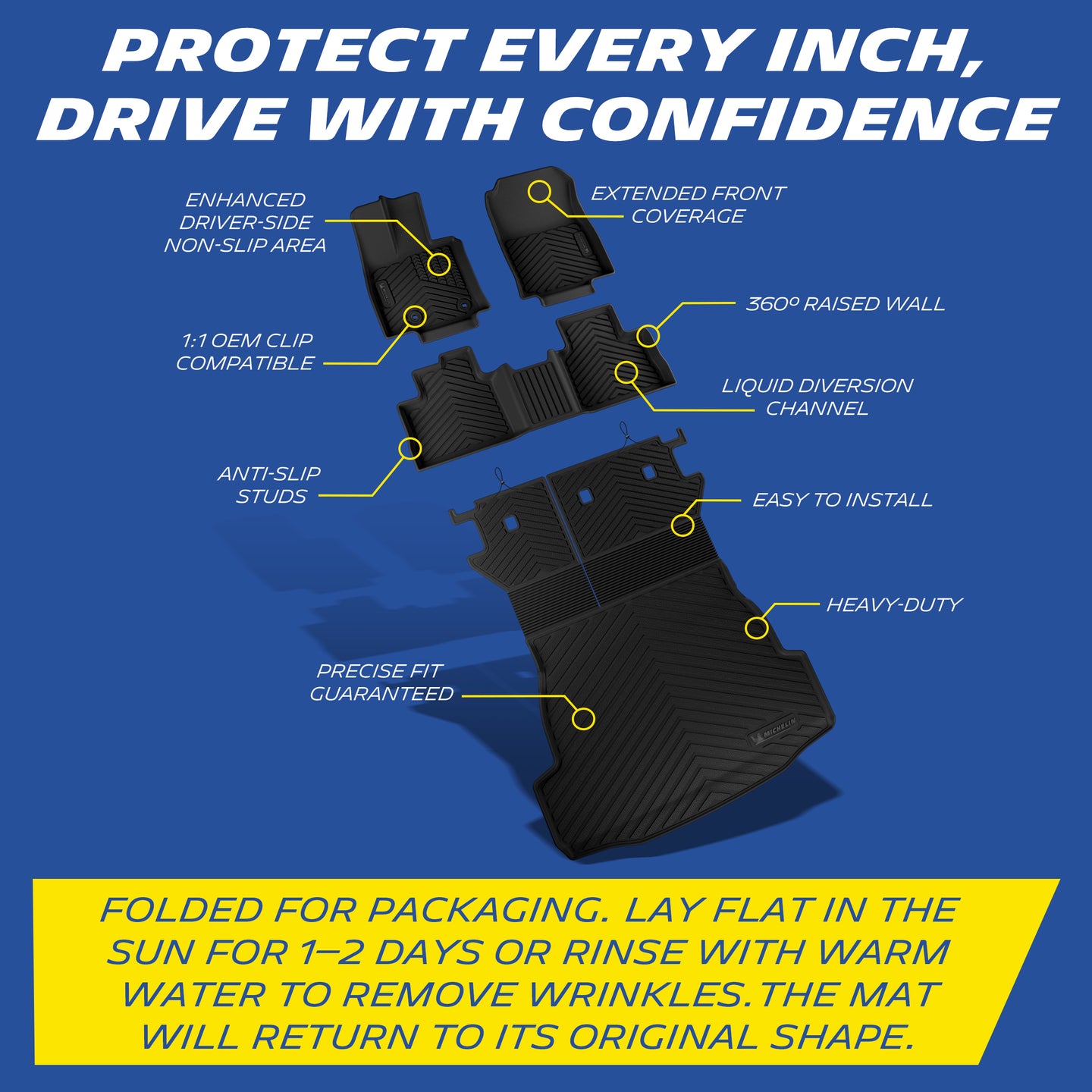 Michelin all-weather TPE floor mats, extended front coverage, anti-slip studs, 1:1 OEM clip compatible, liquid diversion channel, raised wall, precise fit guaranteed, heavy-duty and easy to install, trim to fit models with subwoofer. Folded for packaging, lay flat in sun for 1-2 days or rinse with warm water to remove wrinkles, mat will return to original shape.