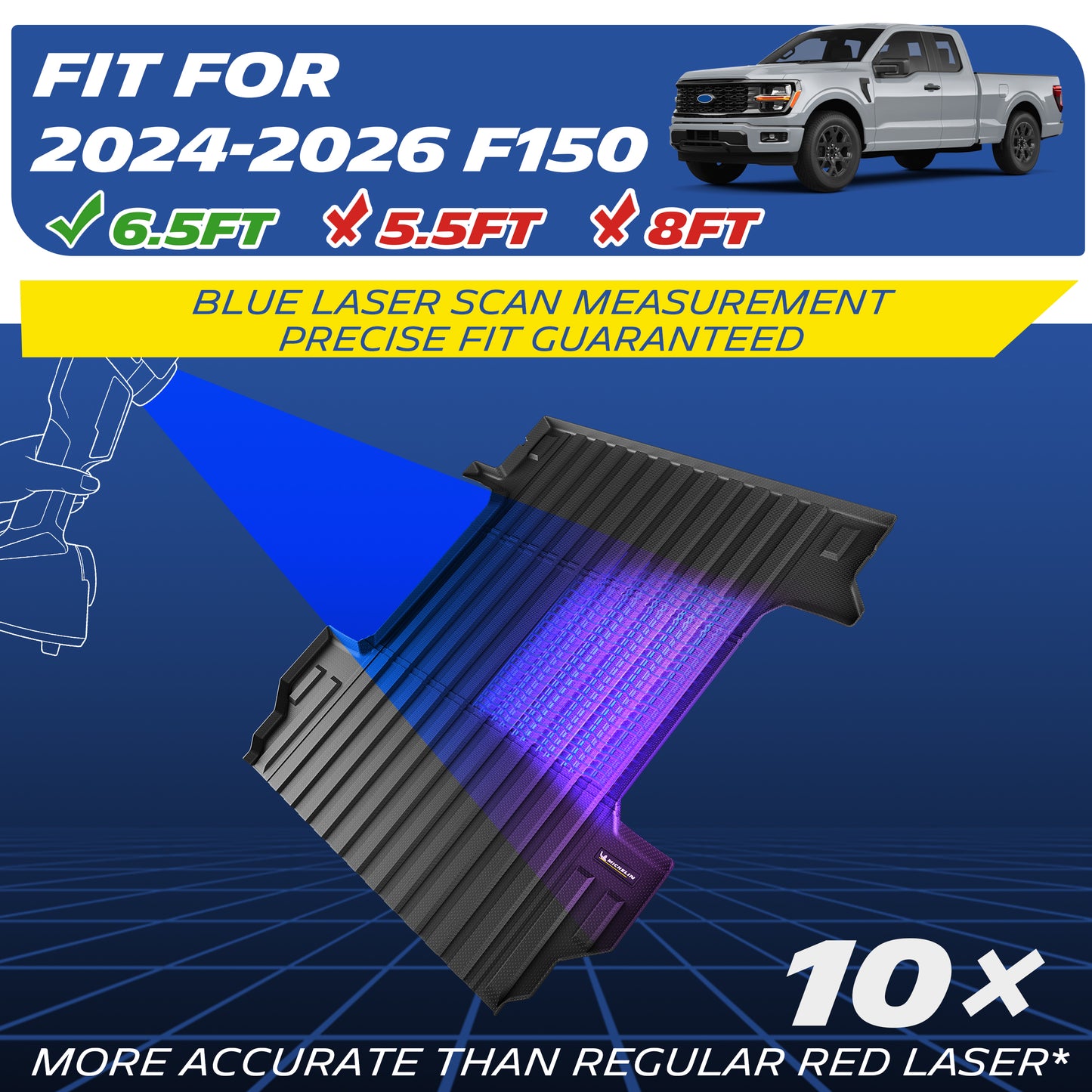 Fitment chart graphic for F150 6.5ft truck bed mat with blue laser scan accuracy feature