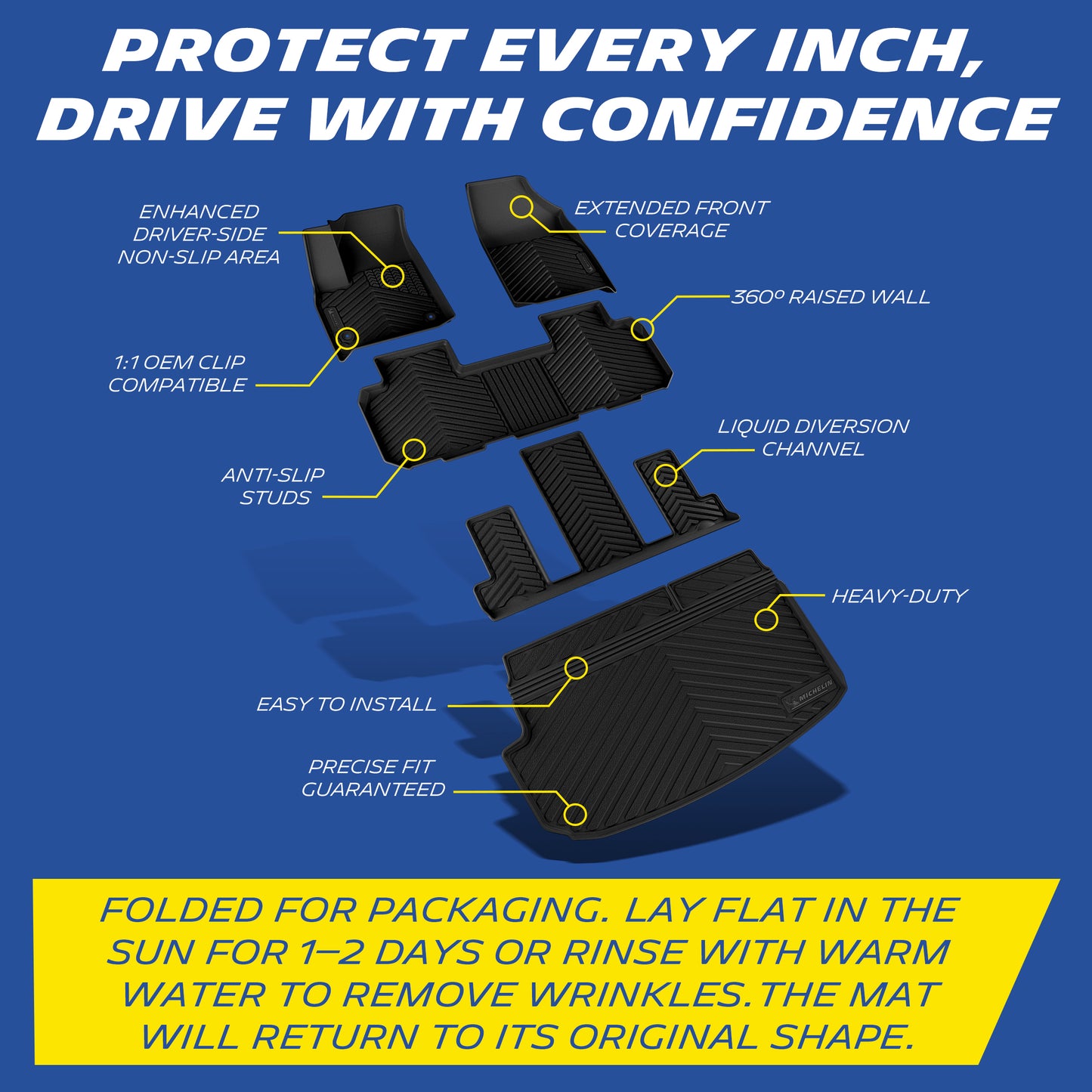 Close-up of the driver-side TPE floor mat for Chevy Traverse, featuring a tri-level anti-slip enhancement system. Includes a micro-grip granular matrix surface, rapid-flow angled slopes, and deep max-flow drainage channels for superior wet-weather driving safety.