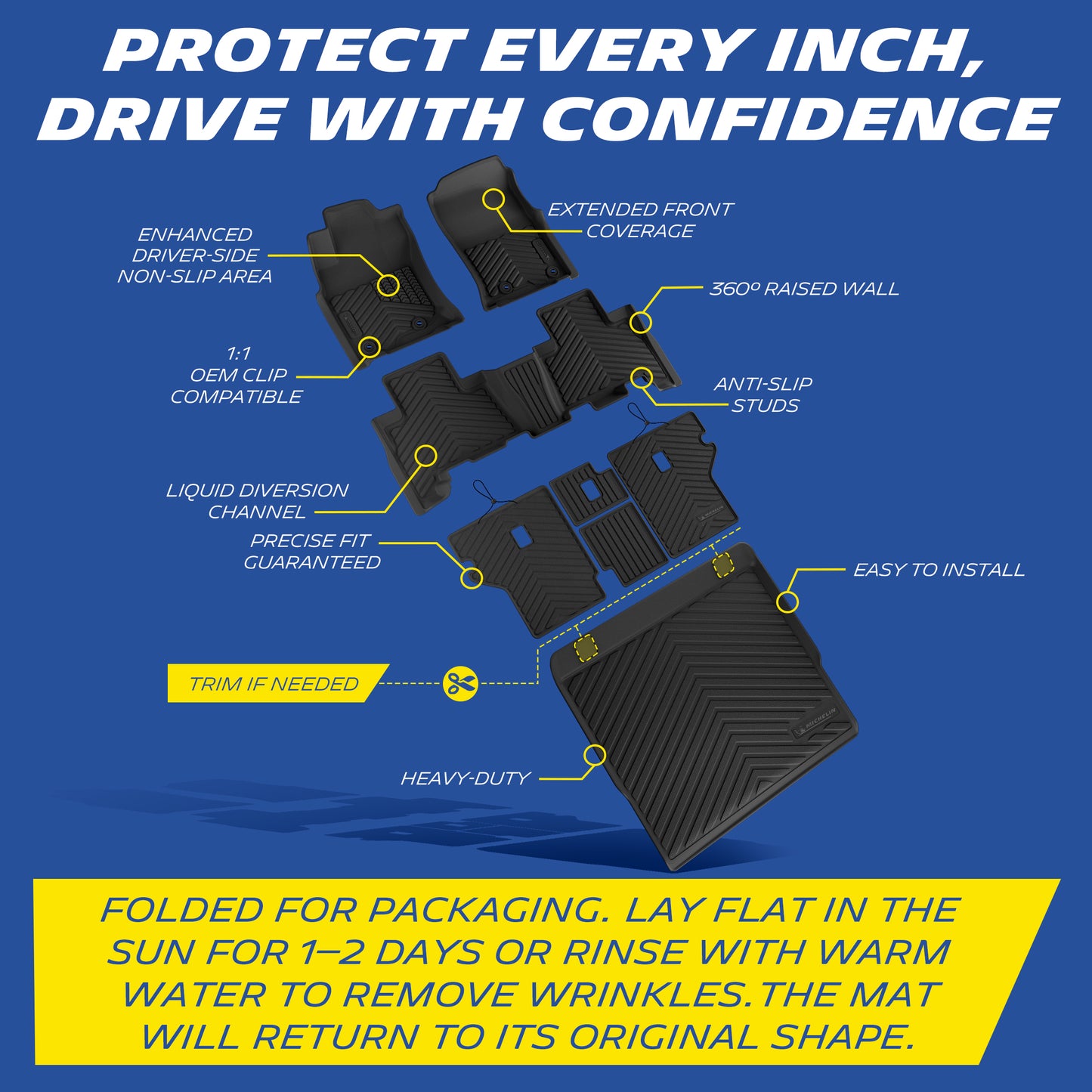 Michelin floor mat features: anti-slip, raised walls, OEM clips, liquid channels, heavy-duty, easy install.
