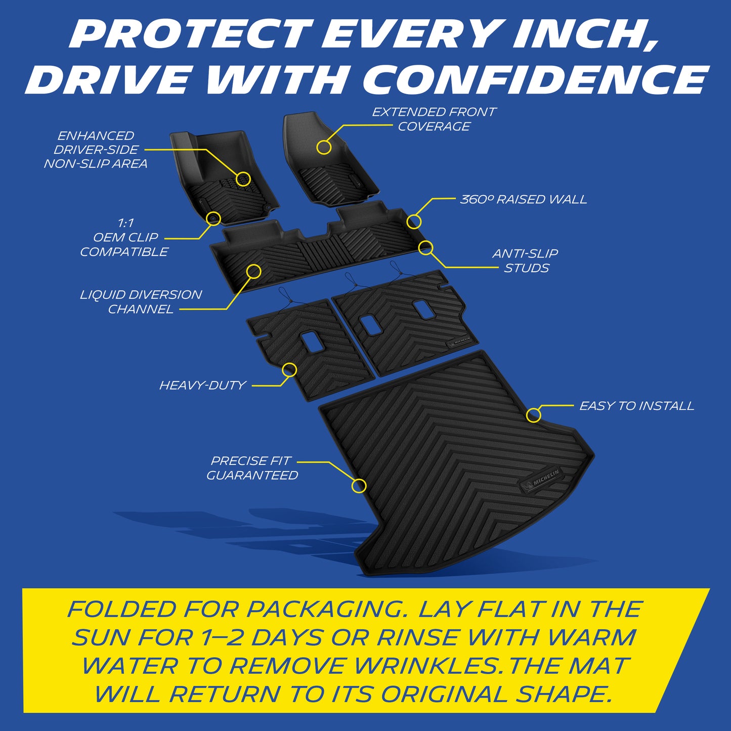 Michelin floor mat features: anti-slip, raised walls, OEM clips, liquid channels, heavy-duty, easy install.