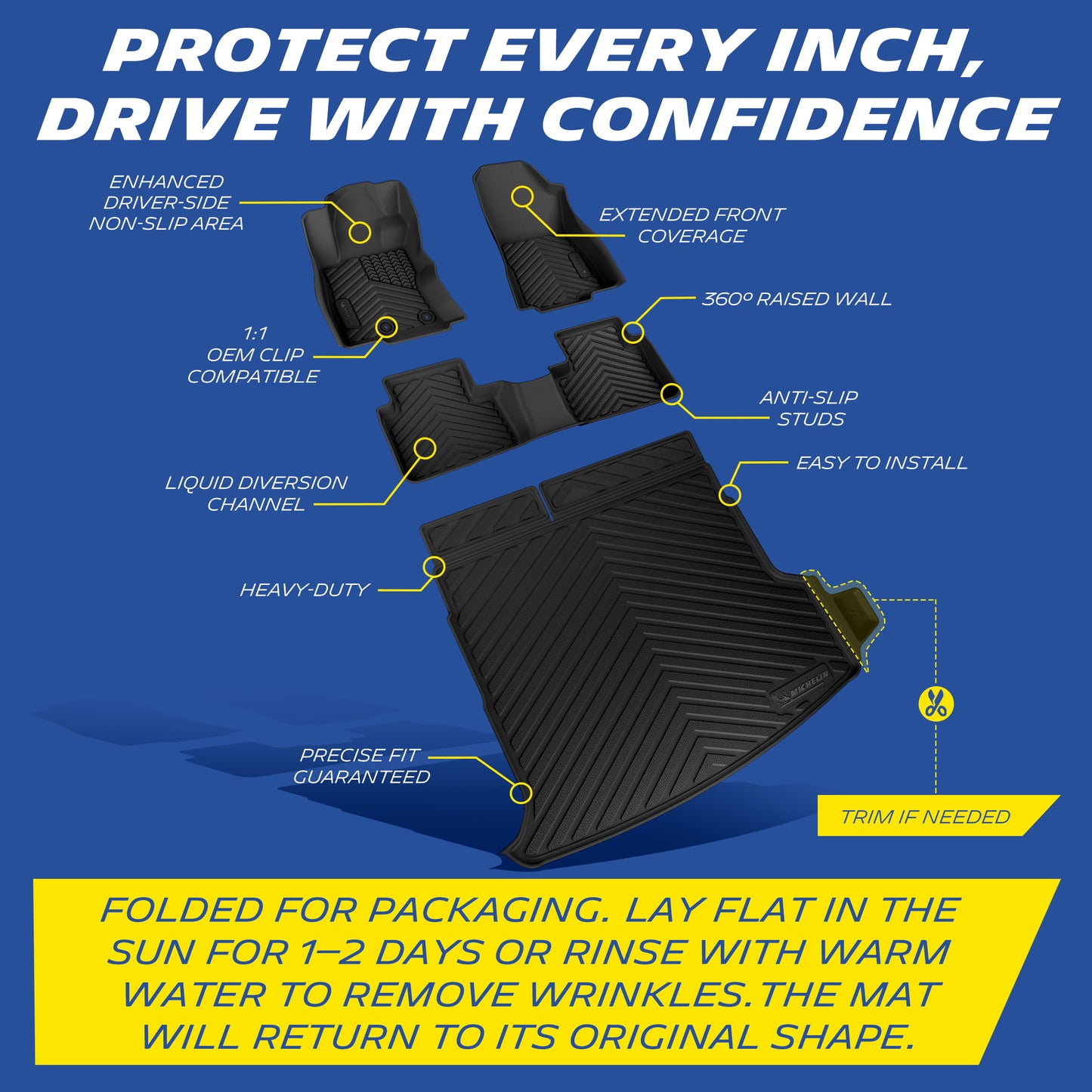 All features overview of Michelin custom-fit floor mats. Note: Lay mat flat under sunlight or rinse with warm water to remove packaging wrinkles. Trim section available for trunk mat.
