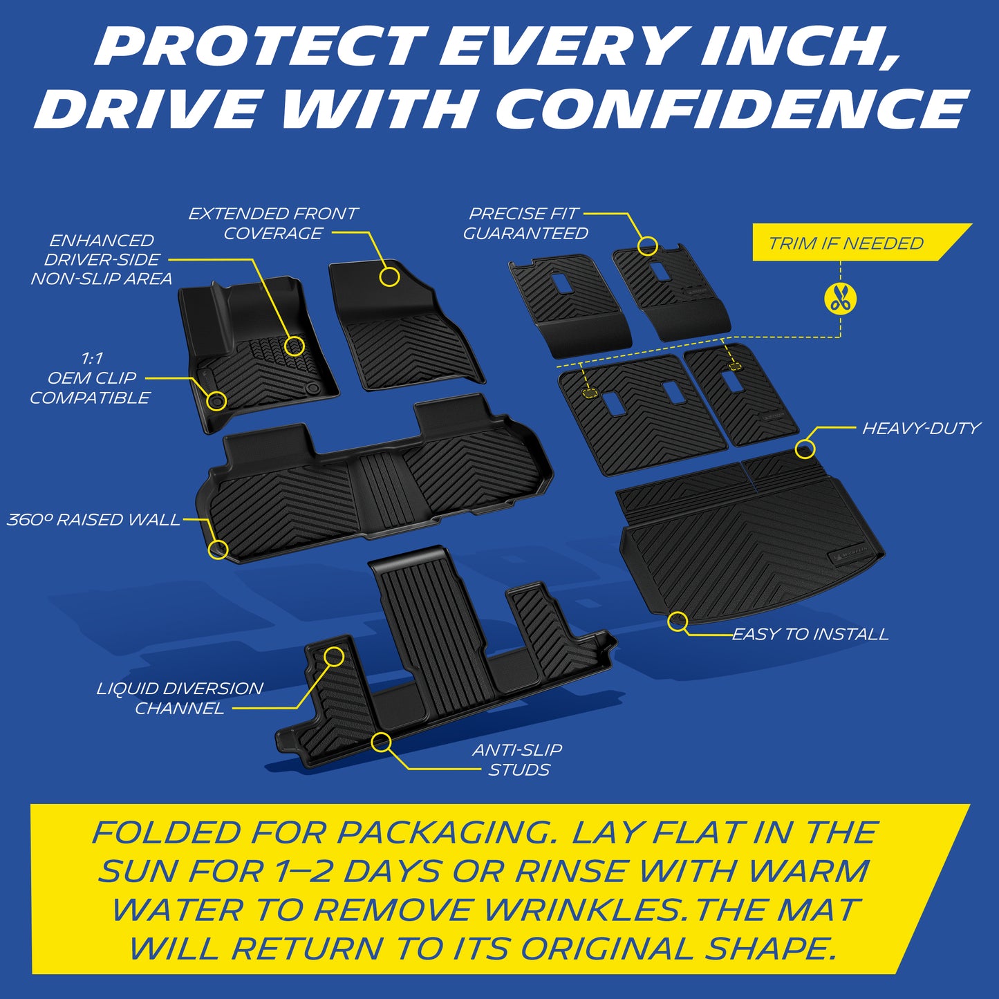 Exploded view of the 7-seat SUV TPE floor and cargo mat set highlighting 360-degree raised walls, OEM clips, and specific trim-to-fit zones. Includes instructions to easily remove packaging wrinkles by laying the mats flat in the sun or rinsing with warm water.