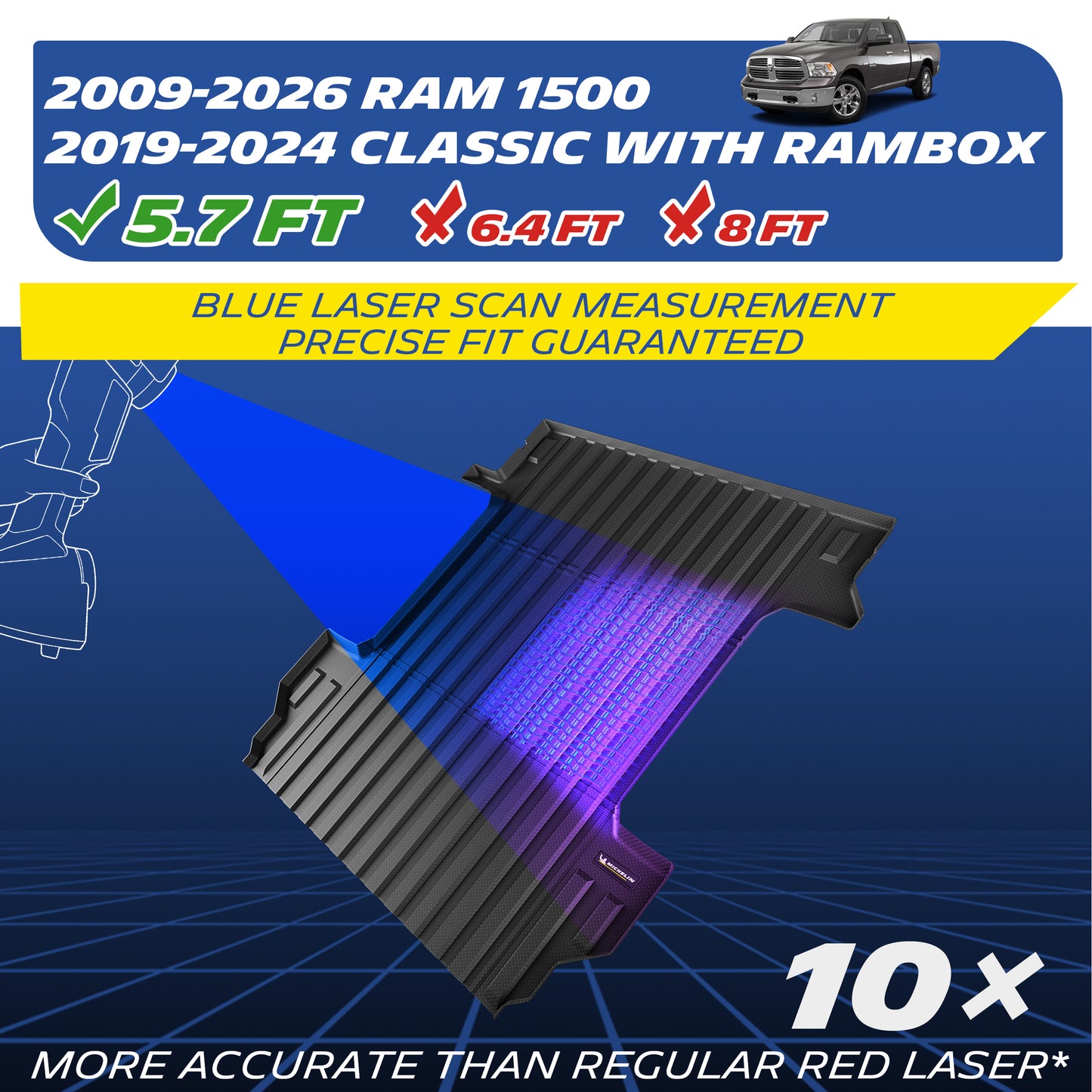 Michelin all-weather TPE truck bed mat, fits 2009-2026 RAM 1500 and 2019-2024 RAM 1500 Classic with RamBox system, available for 5.7ft, blue laser scan measurement for precise fit, 10x more accurate than standard red laser, custom-fit guaranteed.