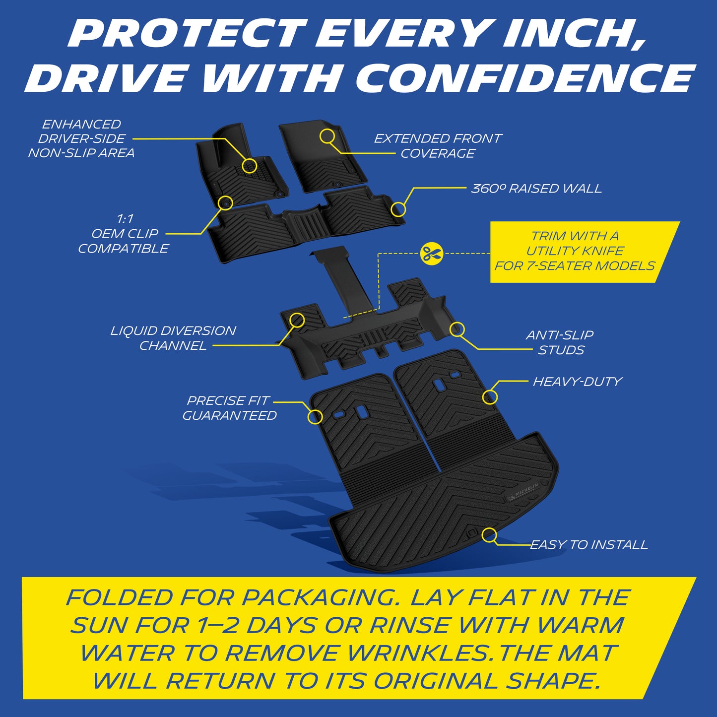 Full set Michelin TPE floor mats with multi features and wrinkle removal instruction
