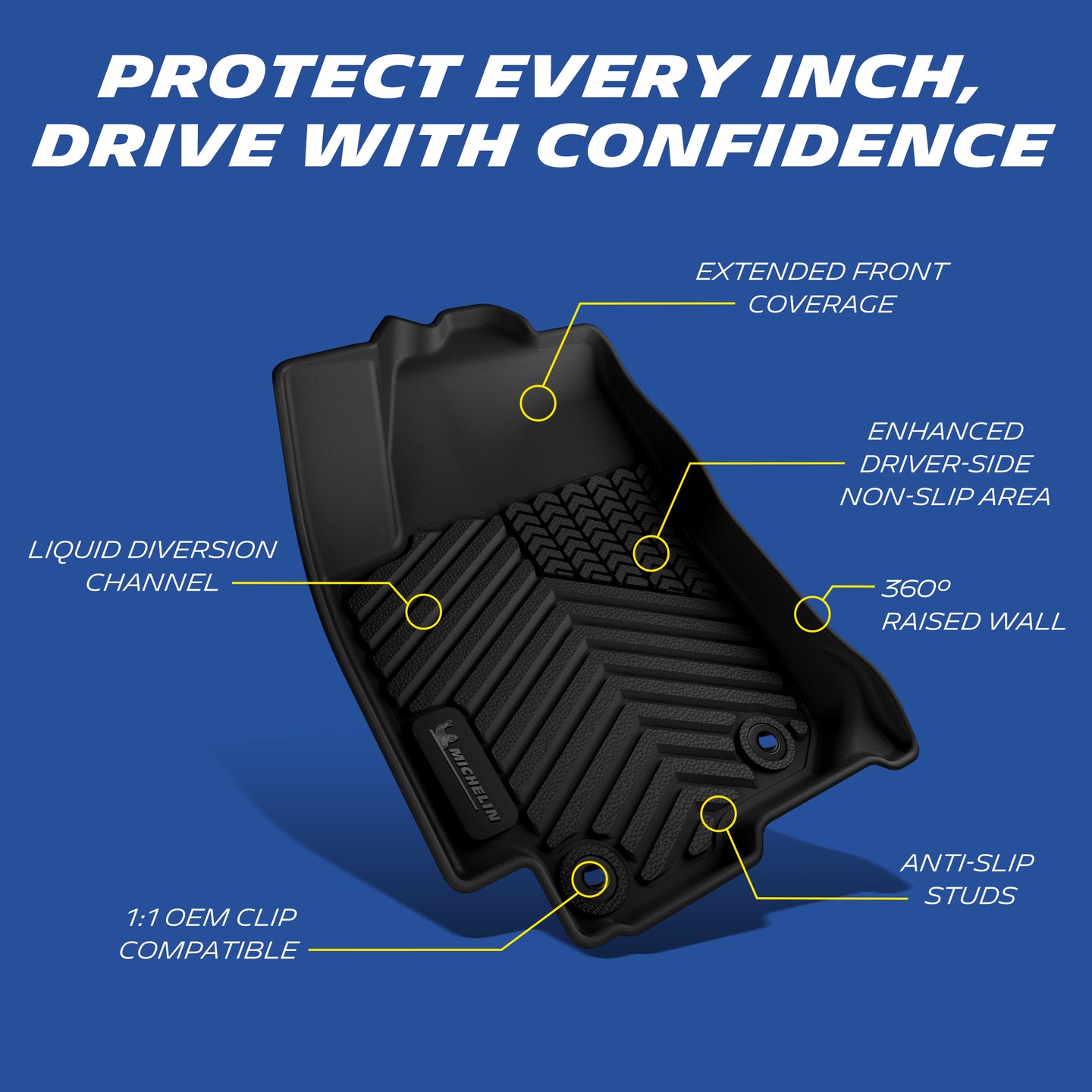 Michelin all-weather TPE floor mats, enhanced driver-side non-slip area, extended front coverage, 360° raised wall, 1:1 OEM clip compatible with anti-slip studs, liquid diversion channel, heavy-duty and easy to install with precise fit guaranteed. Folded for packaging, lay flat in sun for 1-2 days or rinse with warm water to remove wrinkles, mat will return to original shape.