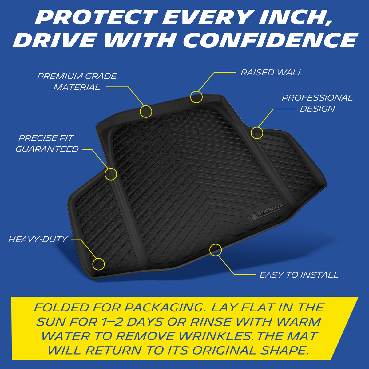 Michelin trunk mat features: anti-slip, raised walls, OEM clips, liquid channels, heavy-duty, easy install.