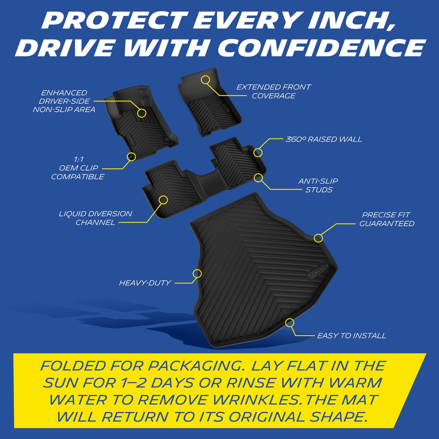 Michelin floor mat features: anti-slip, raised walls, OEM clips, liquid channels, heavy-duty, easy install.