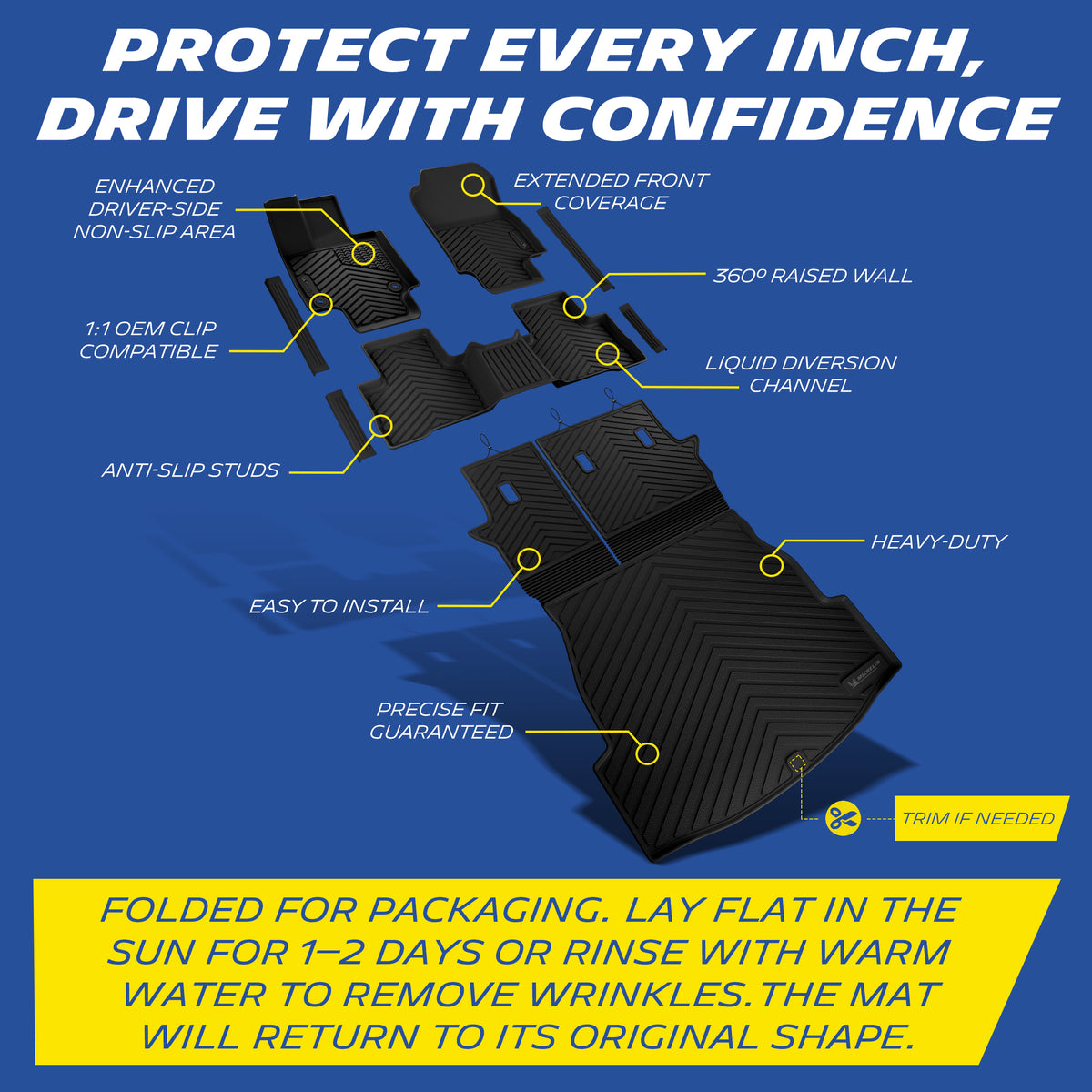 Michelin all-weather TPE floor mats, enhanced driver-side non-slip area, 1:1 OEM clip compatible, anti-slip studs, heavy-duty and easy to install with precise fit guaranteed, trim if needed. Folded for packaging, lay flat in sun for 1-2 days or rinse with warm water to remove wrinkles, mat will return to original shape.