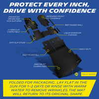 Michelin all-weather TPE floor mats, enhanced driver-side non-slip area, 1:1 OEM clip compatible, anti-slip studs, heavy-duty and easy to install with precise fit guaranteed, trim if needed. Folded for packaging, lay flat in sun for 1-2 days or rinse with warm water to remove wrinkles, mat will return to original shape.