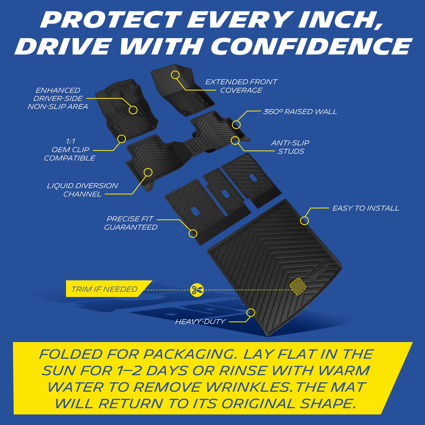 Michelin all-weather TPE floor mats, enhanced driver-side non-slip area, 1:1 OEM clip compatible, liquid diversion channel, precise fit guaranteed, trim if needed, heavy-duty. Folded for packaging, lay flat in sun for 1-2 days or rinse with warm water to remove wrinkles, mat will return to original shape.