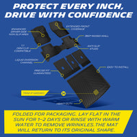 Michelin all-weather TPE floor mats, enhanced driver-side non-slip area, 1:1 OEM clip compatible, liquid diversion channel, precise fit guaranteed, trim if needed, heavy-duty. Folded for packaging, lay flat in sun for 1-2 days or rinse with warm water to remove wrinkles, mat will return to original shape.