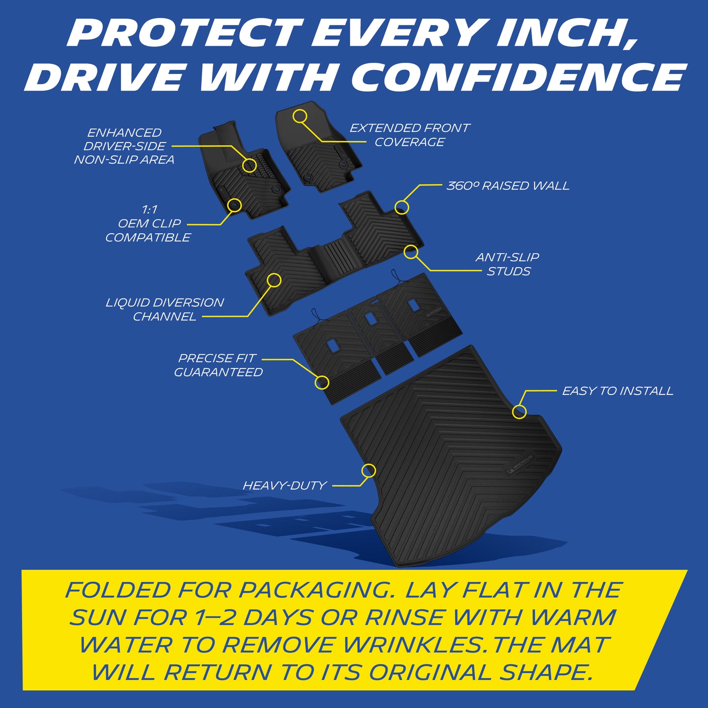 Michelin floor mat features: anti-slip, raised walls, OEM clips, liquid channels, heavy-duty, easy install.