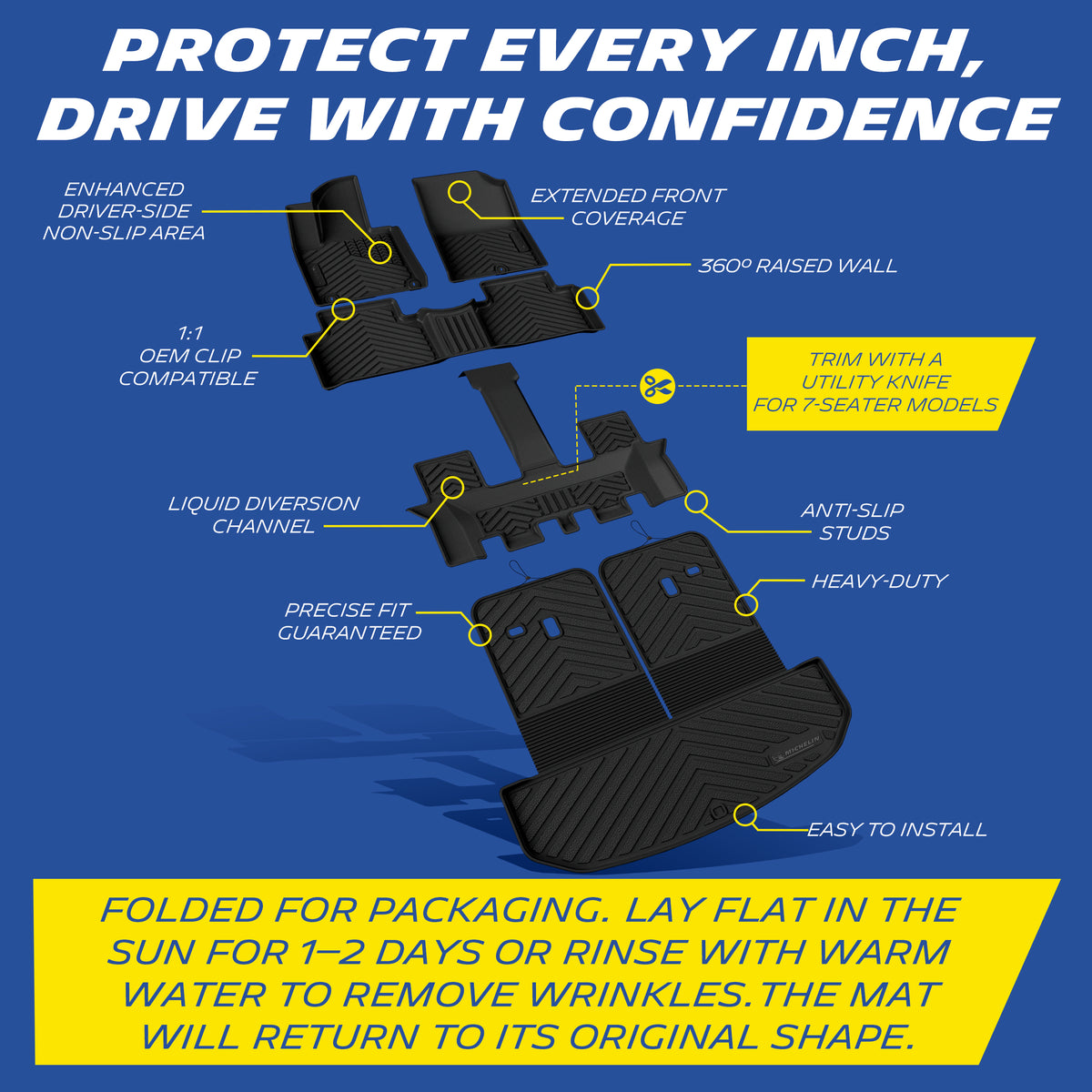 Full set Michelin TPE floor mats with multi features and wrinkle removal instruction