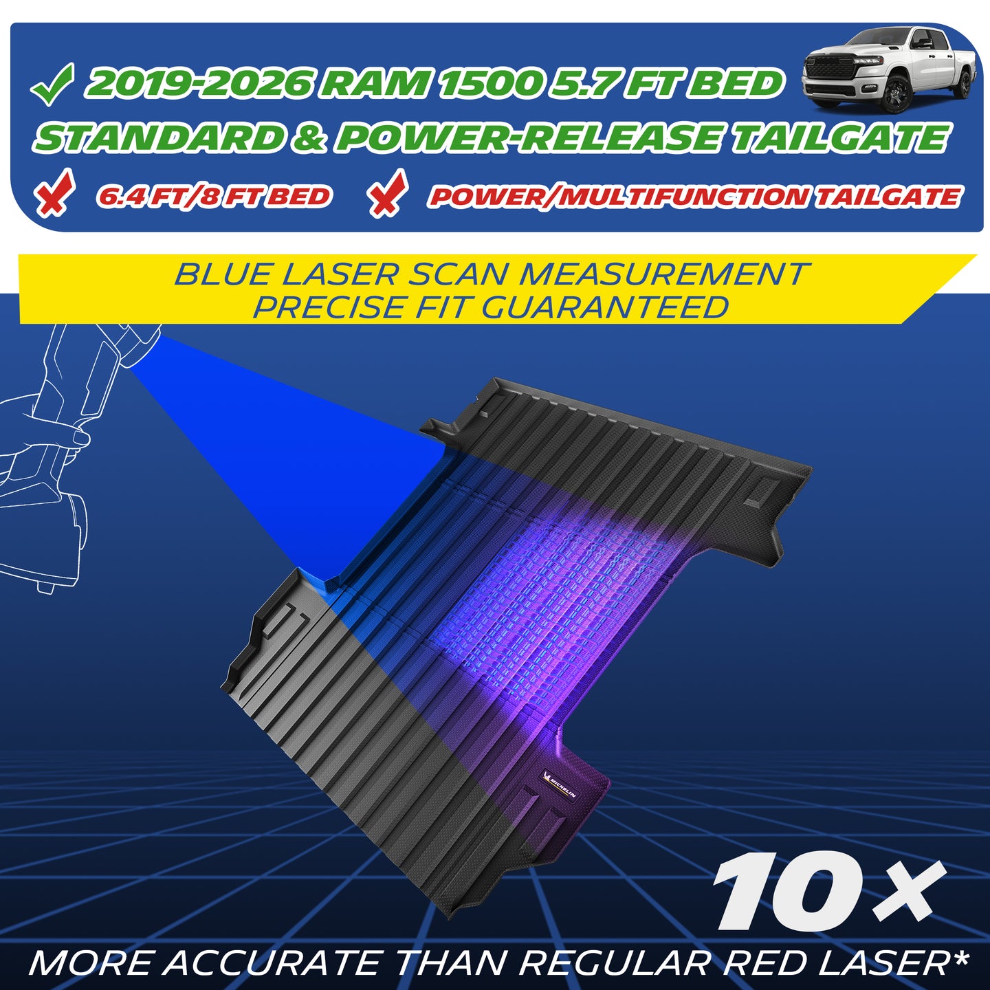 Custom-fit black heavy-duty truck bed mat exclusively designed for 2019-2026 RAM 1500 with a 5.7-foot bed and standard or power-release tailgates. Engineered using advanced blue laser scan measurement technology for a guaranteed precise fit, offering 10x more accuracy than standard red lasers. Note: Not compatible with 6.4-foot or 8-foot beds, or power/multifunction tailgates.