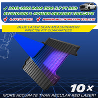 Custom-fit black heavy-duty truck bed mat exclusively designed for 2019-2026 RAM 1500 with a 5.7-foot bed and standard or power-release tailgates. Engineered using advanced blue laser scan measurement technology for a guaranteed precise fit, offering 10x more accuracy than standard red lasers. Note: Not compatible with 6.4-foot or 8-foot beds, or power/multifunction tailgates.