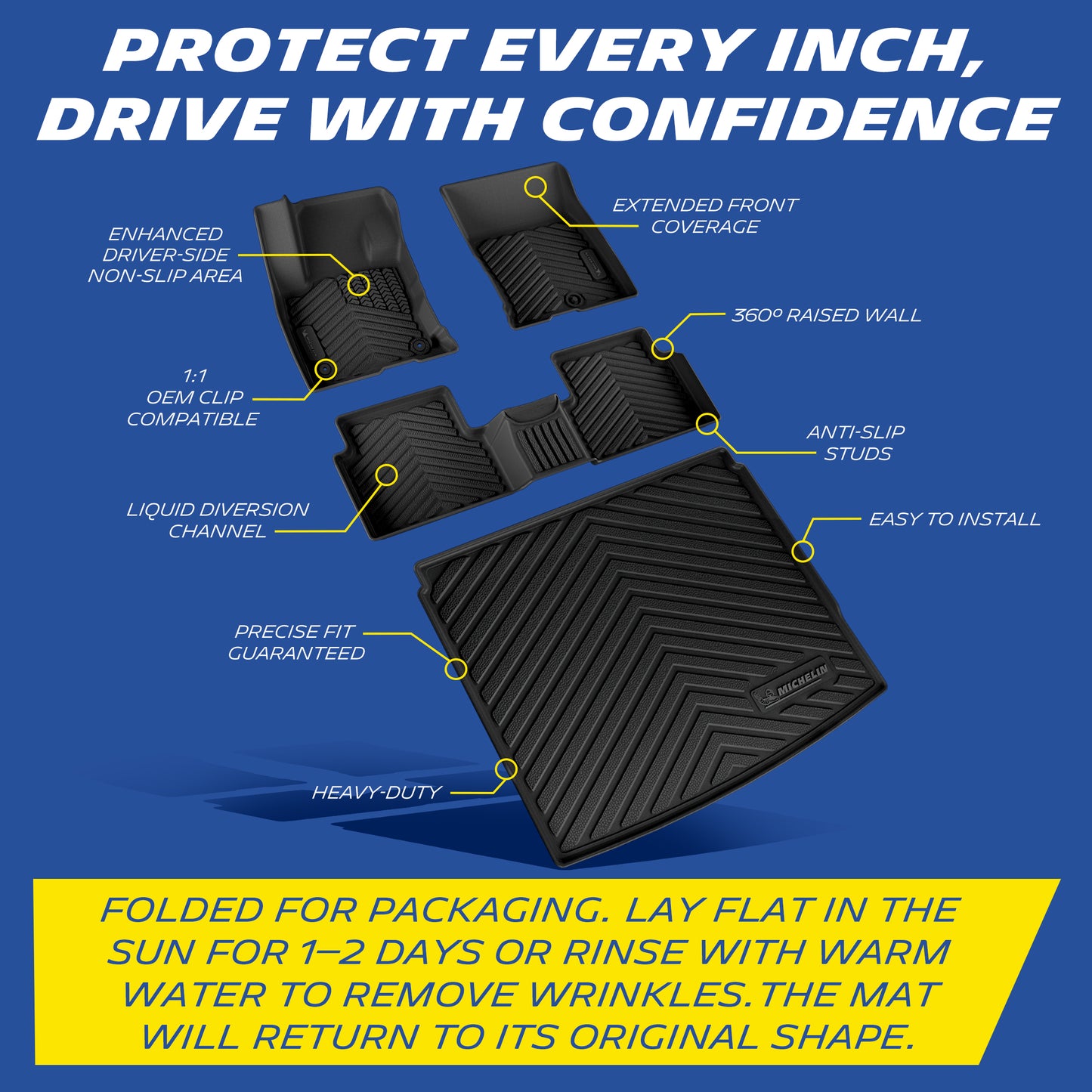 Michelin floor mat features: anti-slip, raised walls, OEM clips, liquid channels, heavy-duty, easy install.