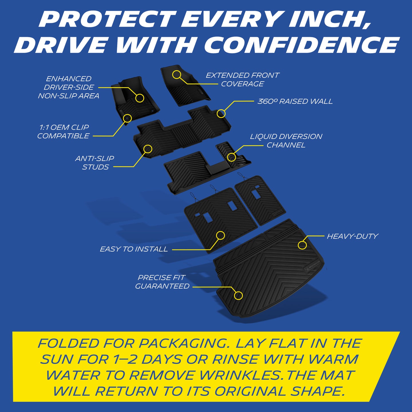 Comprehensive protection diagram of the custom-fit MICHELIN TPE 3-row floor and cargo mat set for Chevy Traverse 8-seater. Highlights 360-degree raised walls, liquid diversion channels, and OEM clips. Includes instructions to easily remove folding wrinkles by laying the mats flat in the sun or rinsing with warm water.