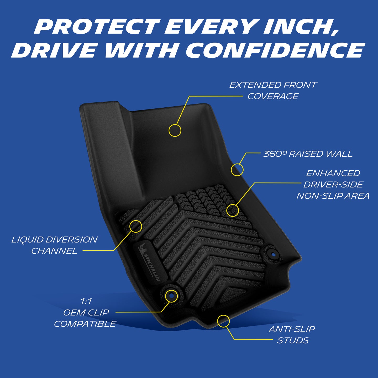 Extended coverage, anti-slip studs, raised wall, OEM clips, drainage channels.