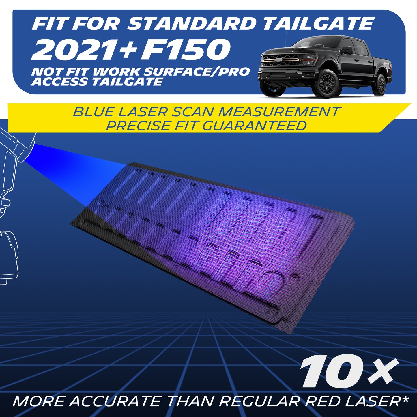 Tailgate mat for 2021+ Ford F‑150, blue laser scan precise fit
