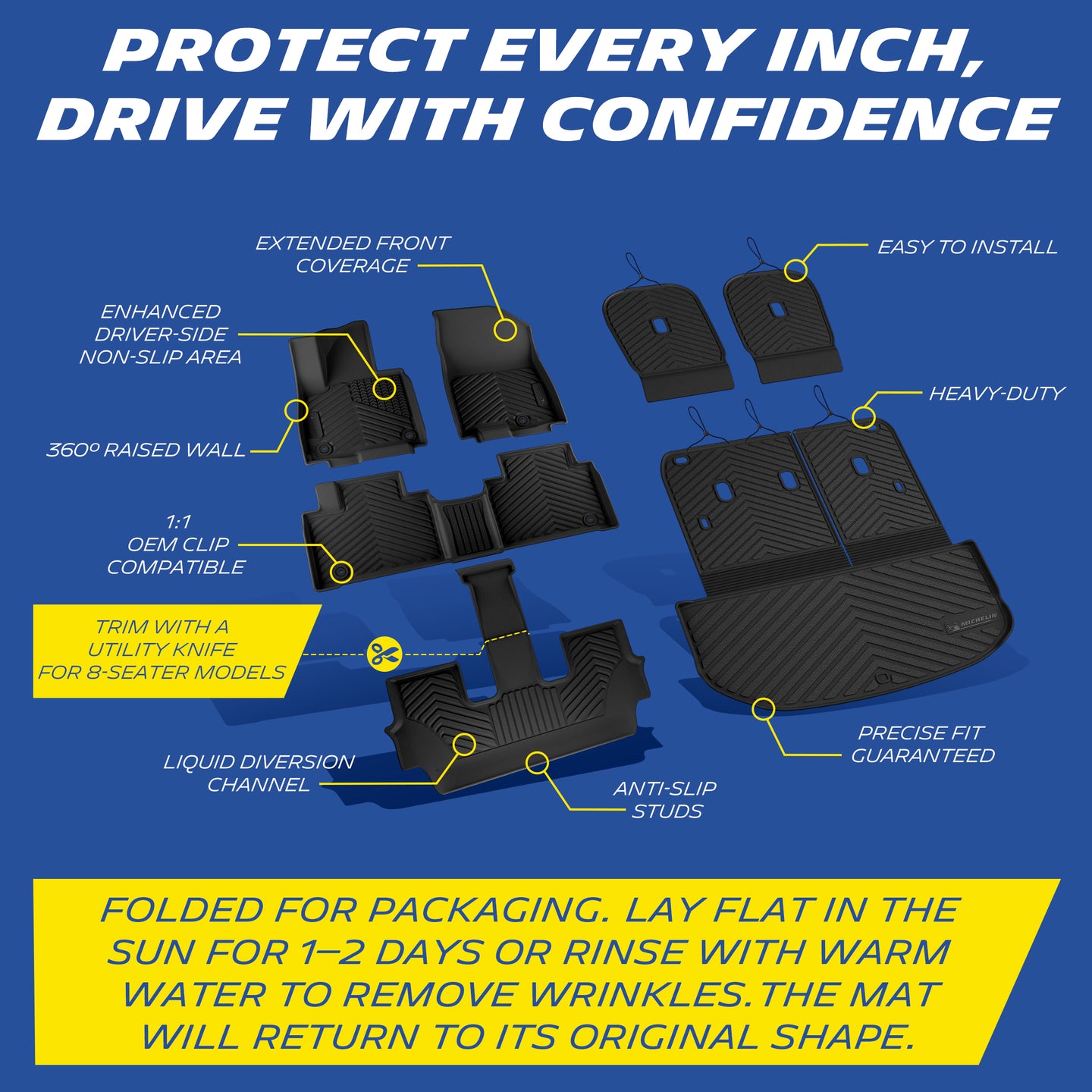 Michelin all-weather TPE floor mats, fits 2027 Kia Telluride hybrid model, extended front coverage, enhanced driver-side non-slip area, 360° raised wall, liquid diversion channel, anti-slip studs, 1:1 OEM clip compatible, heavy-duty and easy to install, trim with utility knife for 8-seater models, precise fit guaranteed. Folded for packaging, lay flat in sun for 1-2 days or rinse with warm water to remove wrinkles, mat will return to original shape.