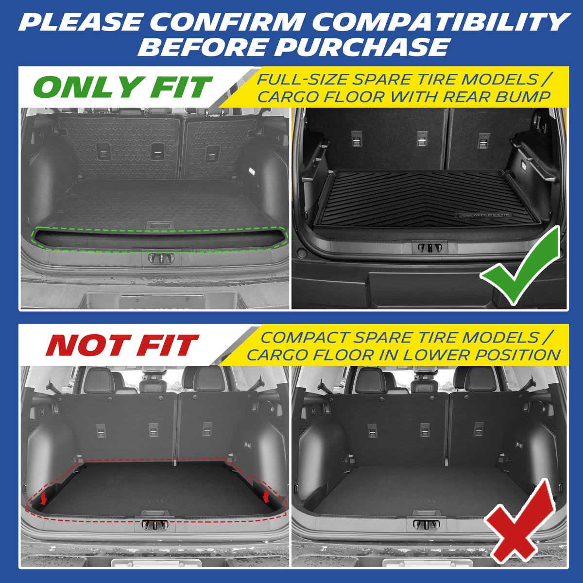 Michelin cargo liner compatibility guide showing full-size spare tire fitment and non-fitment for compact spare tire models