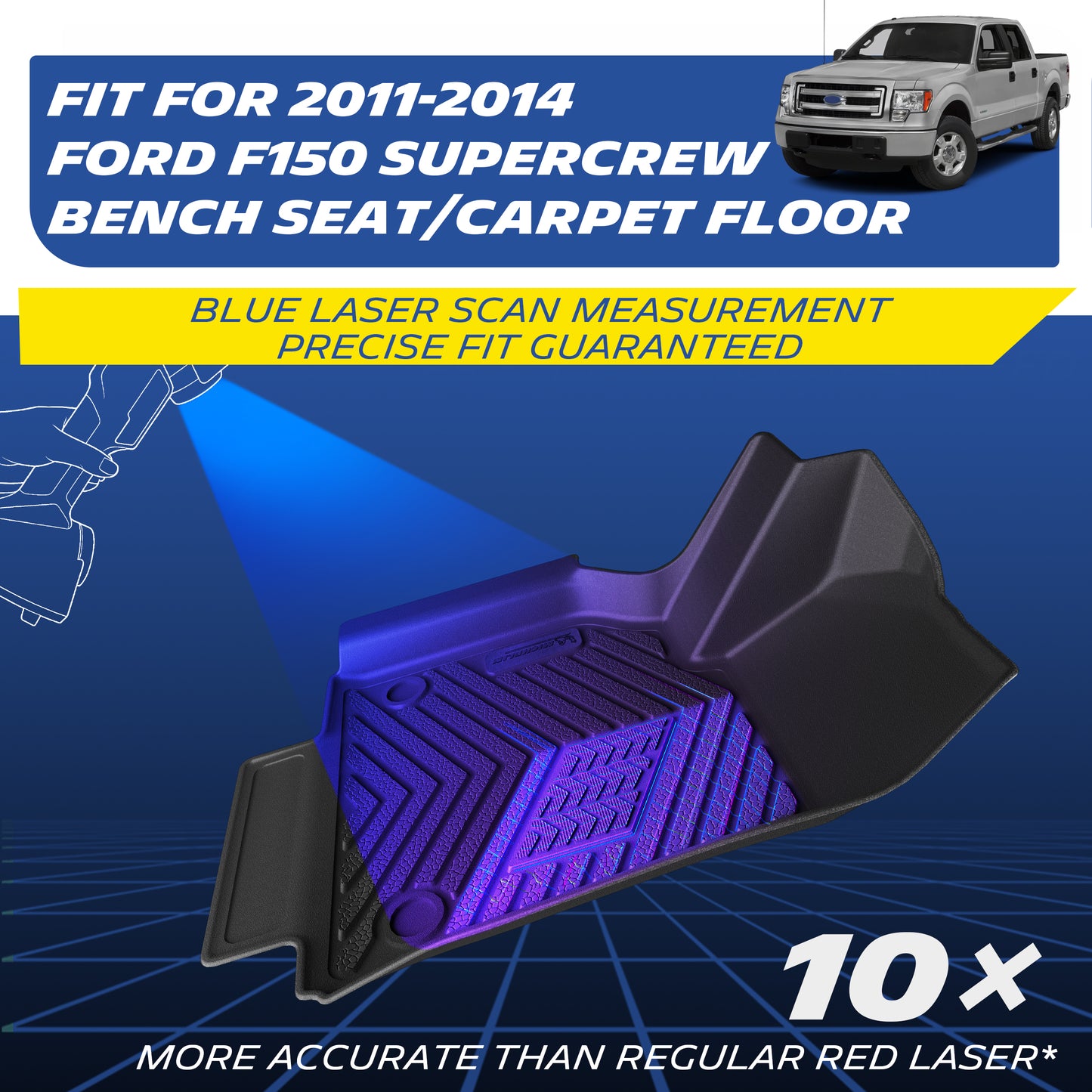TPE floor mat for 2011-2014 Ford F150 SuperCrew with bench seat and carpet floor, blue laser scanning delivers precise custom fit.