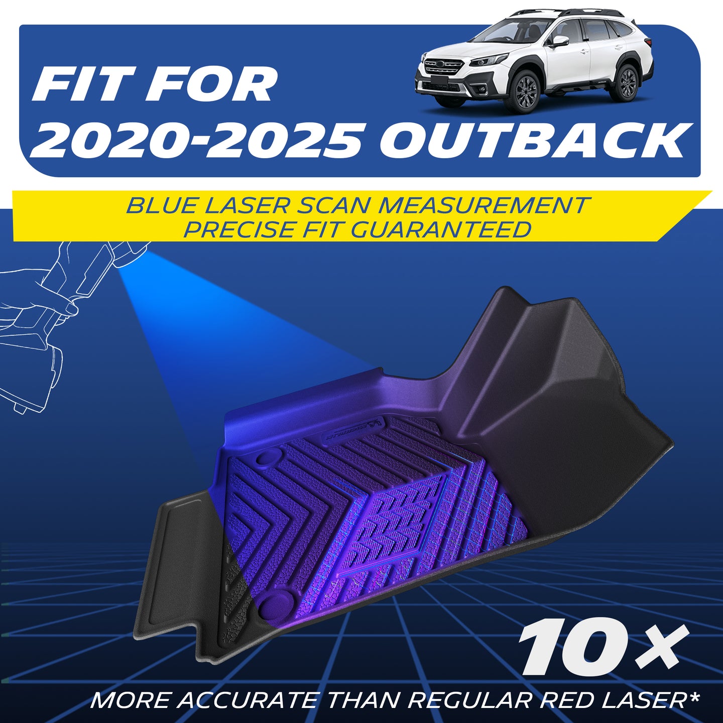 Blue laser scanning graphic for 2020-2025 Subaru Outback floor liners, 10x higher precision than red laser