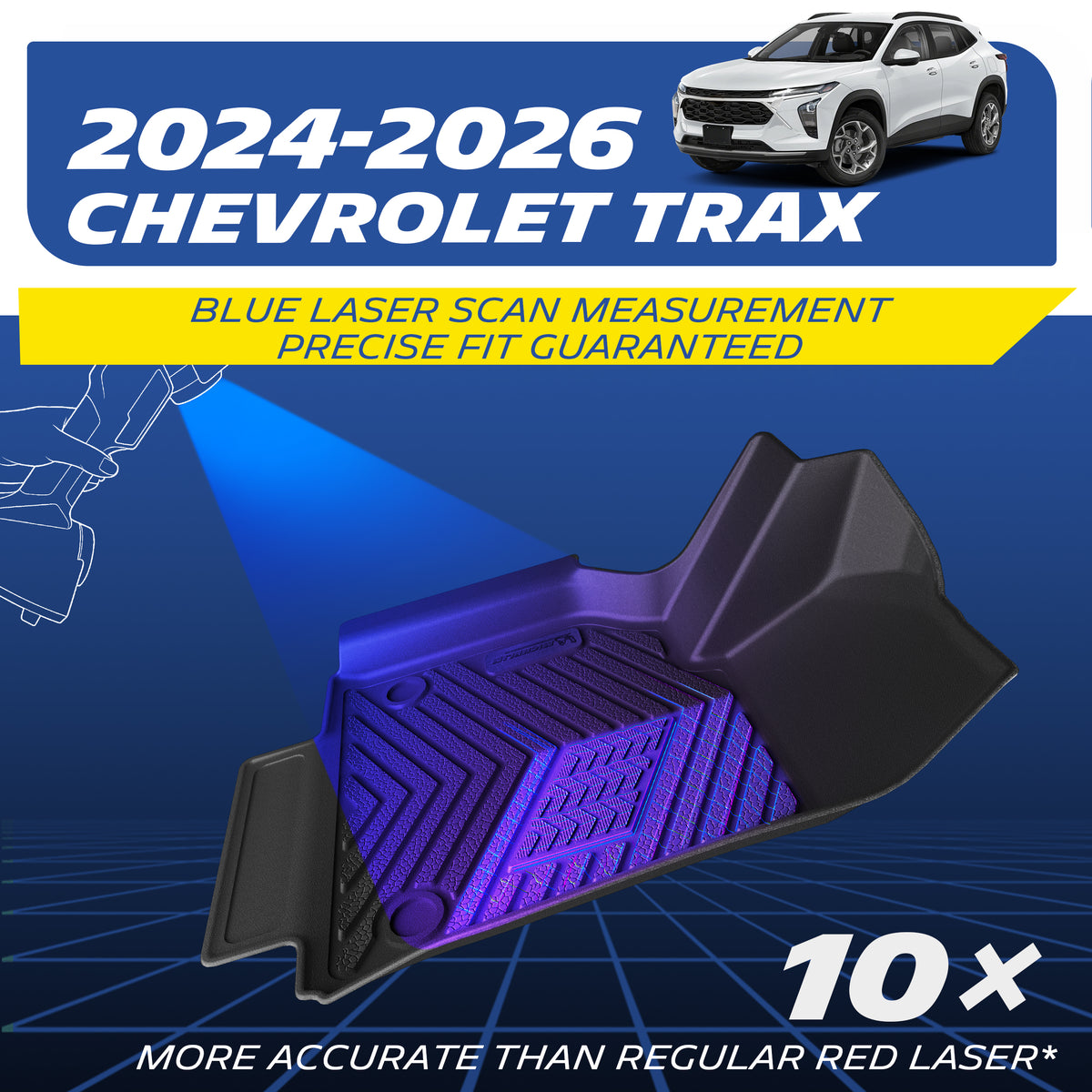 Custom-fit black TPE car floor mat exclusively designed for the 2024-2026 Chevrolet Trax. Engineered using advanced blue laser scan measurement technology, offering 10x more accuracy than standard red lasers for a guaranteed precise edge-to-edge fit.