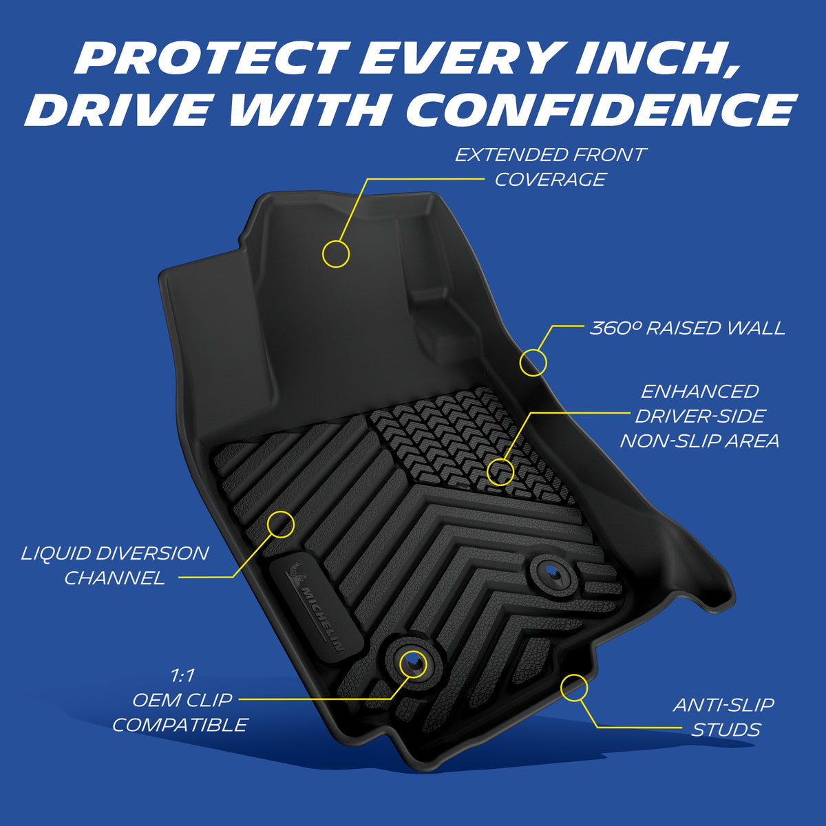 Michelin all-weather TPE floor mats, extended front coverage, 360° raised wall prevents overflow, enhanced driver-side non-slip area, liquid diversion channel, 1:1 OEM clip compatible with anti-slip studs, precise fit guaranteed.