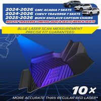 Custom-fit TPE car floor mats engineered with blue laser scan technology for 2024-2026 GMC Acadia, Chevy Traverse, and 2025-2026 Buick Enclave 7-seat models. Note: Strictly not compatible with 2024 Traverse Limited, 8-passenger models, or vehicles with 2nd-row bench seats.