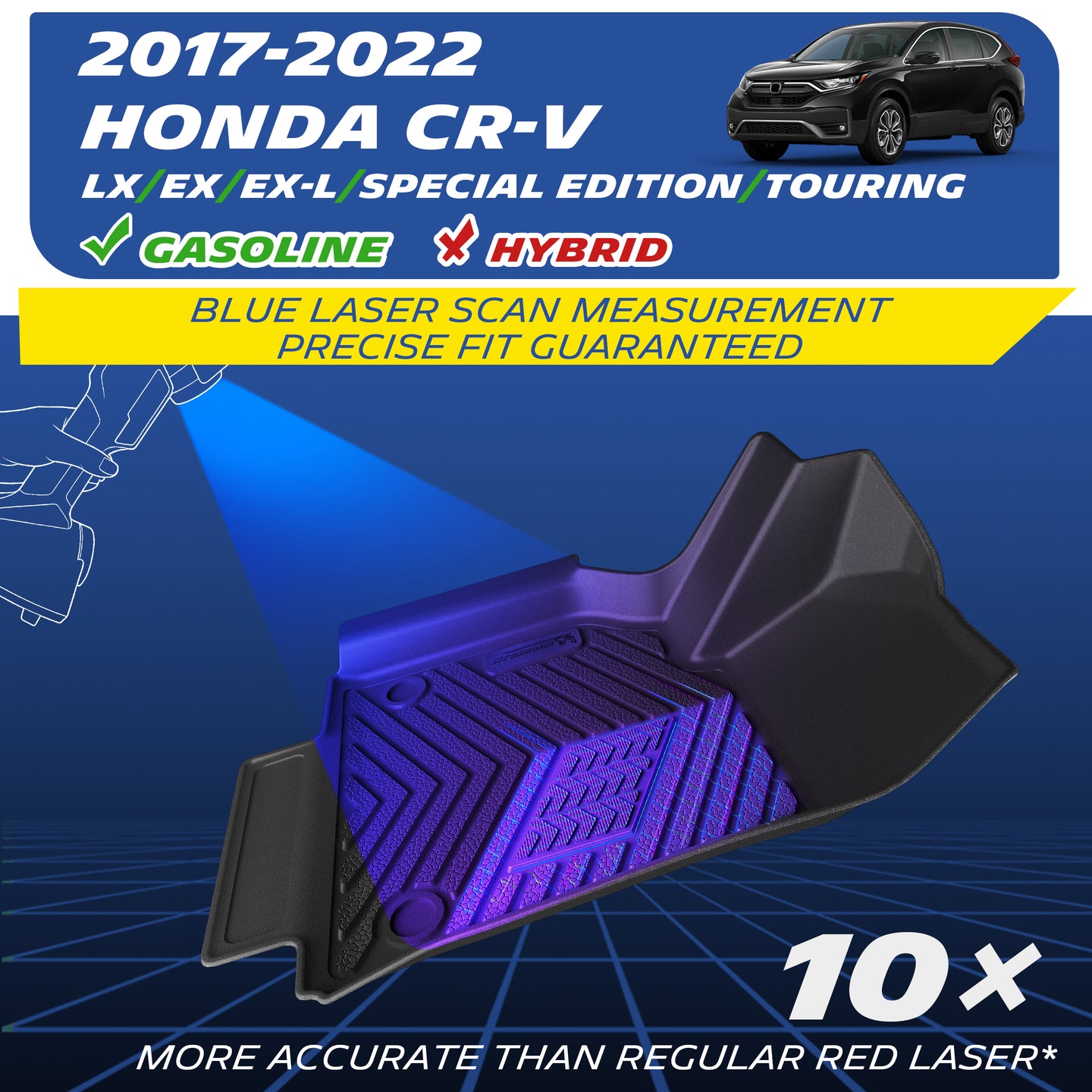Blue laser scanned custom fit liners for 2017-2022 Honda CR-V gasoline models, 10x higher scanning precision