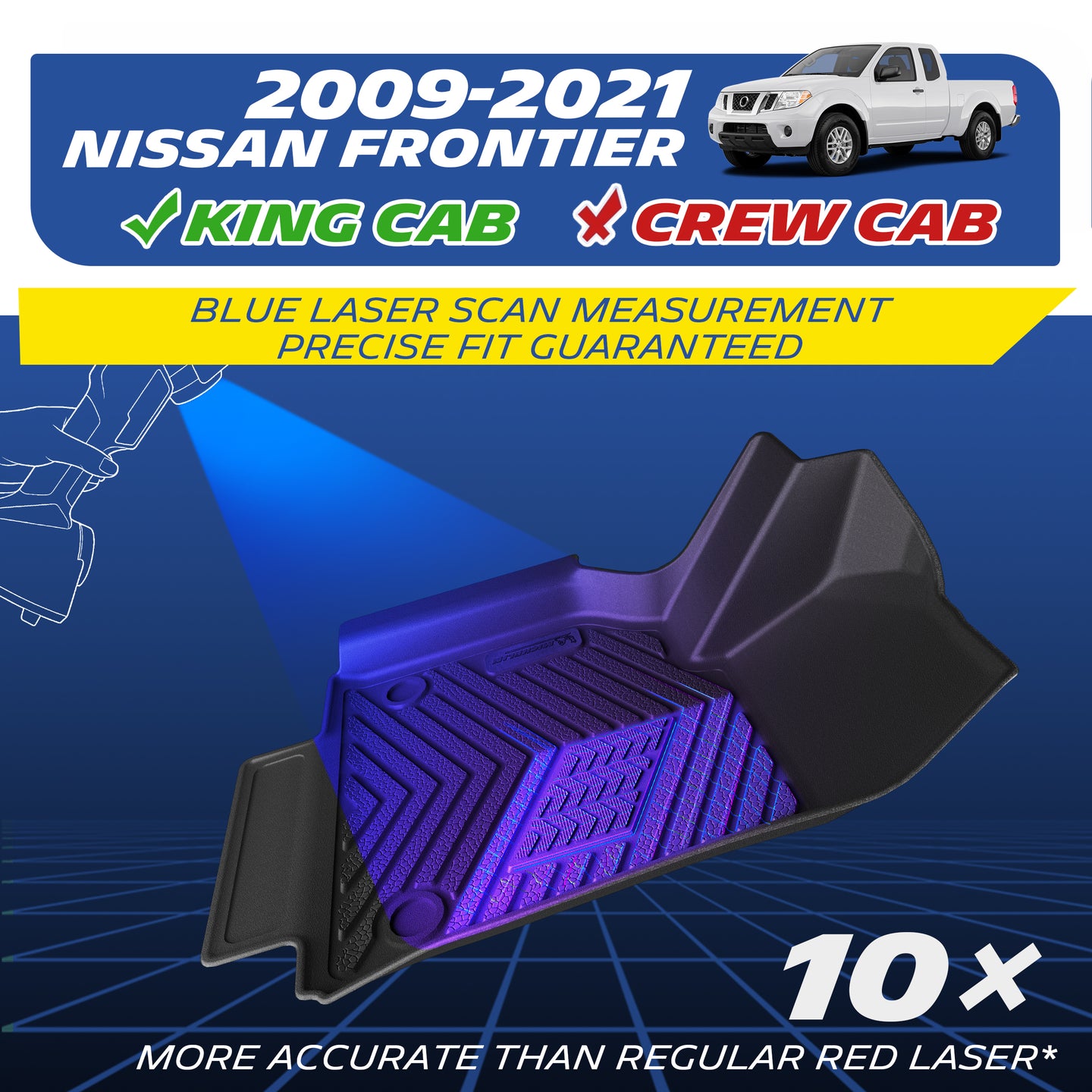 Michelin all-weather TPE floor mats, fits 2009-2021 Nissan Frontier King Cab, blue laser scan measurement for precise fit, 10x more accurate than standard red laser, custom-fit guaranteed.
