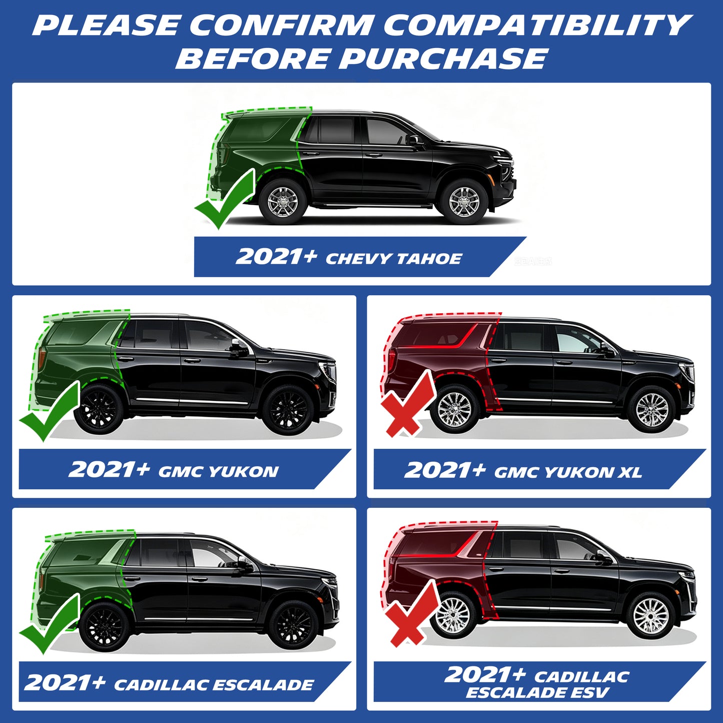 Vehicle compatibility diagram, fit standard-length SUVs, exclude XL/ESV extended models