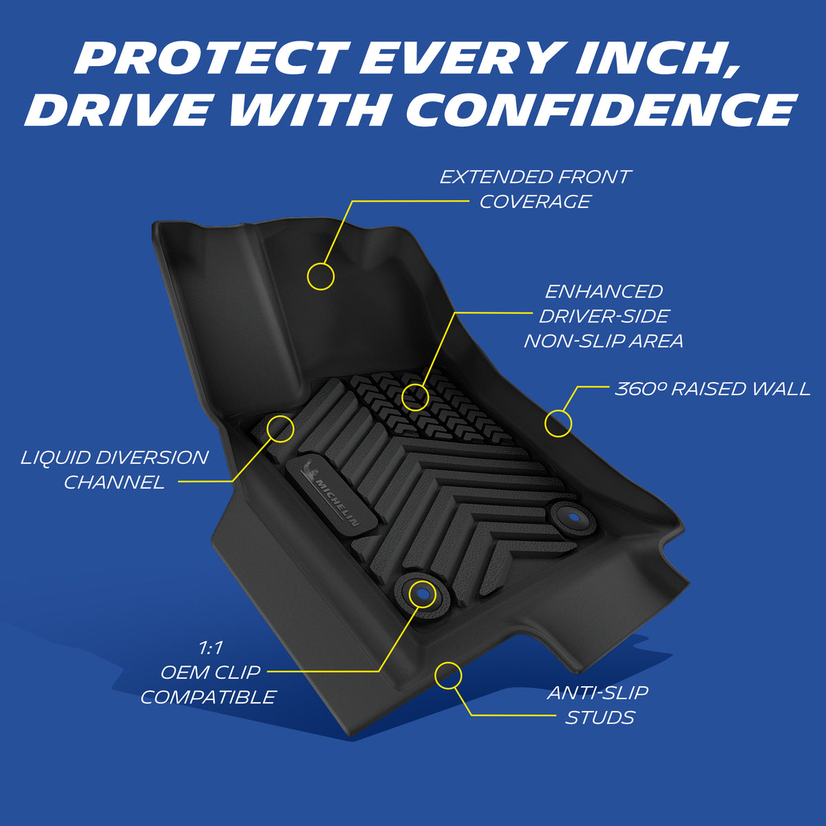 Michelin floor mat features: raised edges, anti-slip, OEM clips, liquid channels.