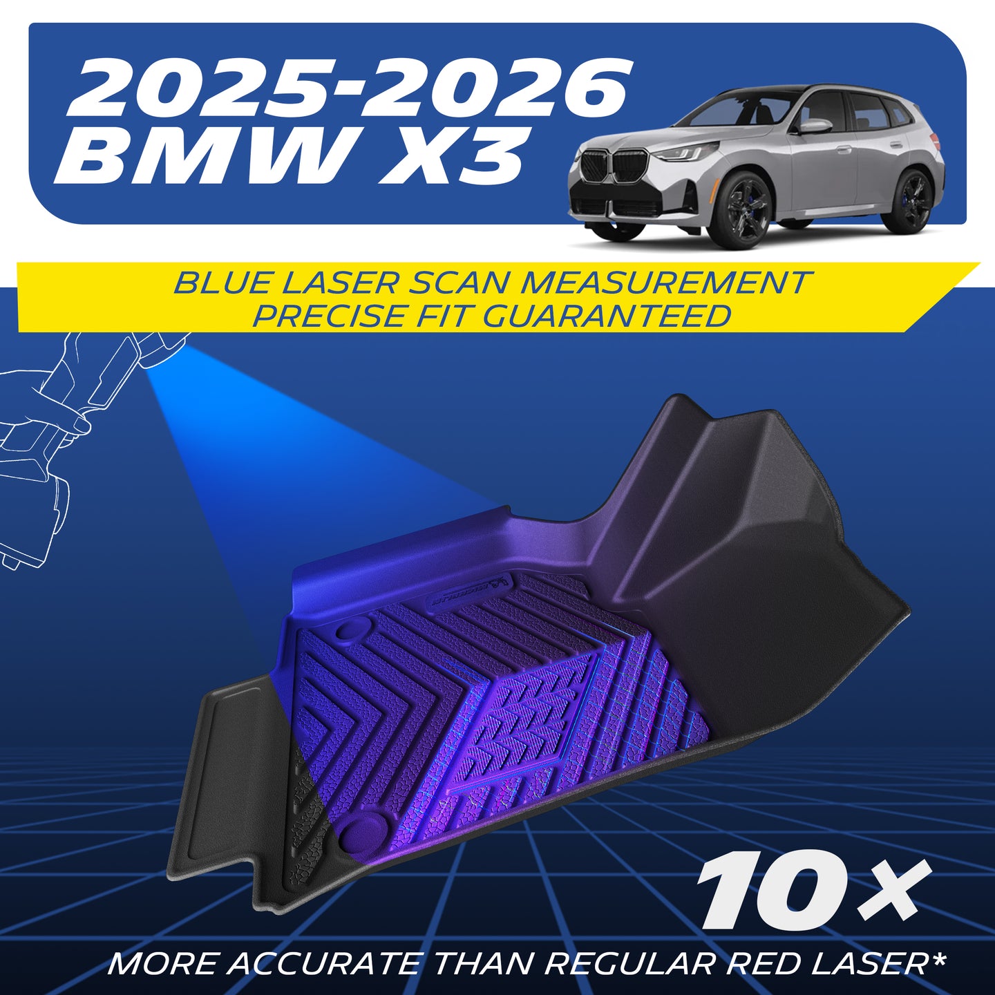 Blue laser scanning for 2025-2026 BMW X3 floor mats, 10x higher precision than standard red laser