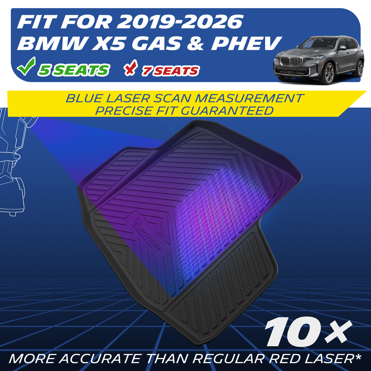 Michelin TPE floor mats laser‑scanned for 2019‑2026 BMW X5 5‑seat gas & PHEV models