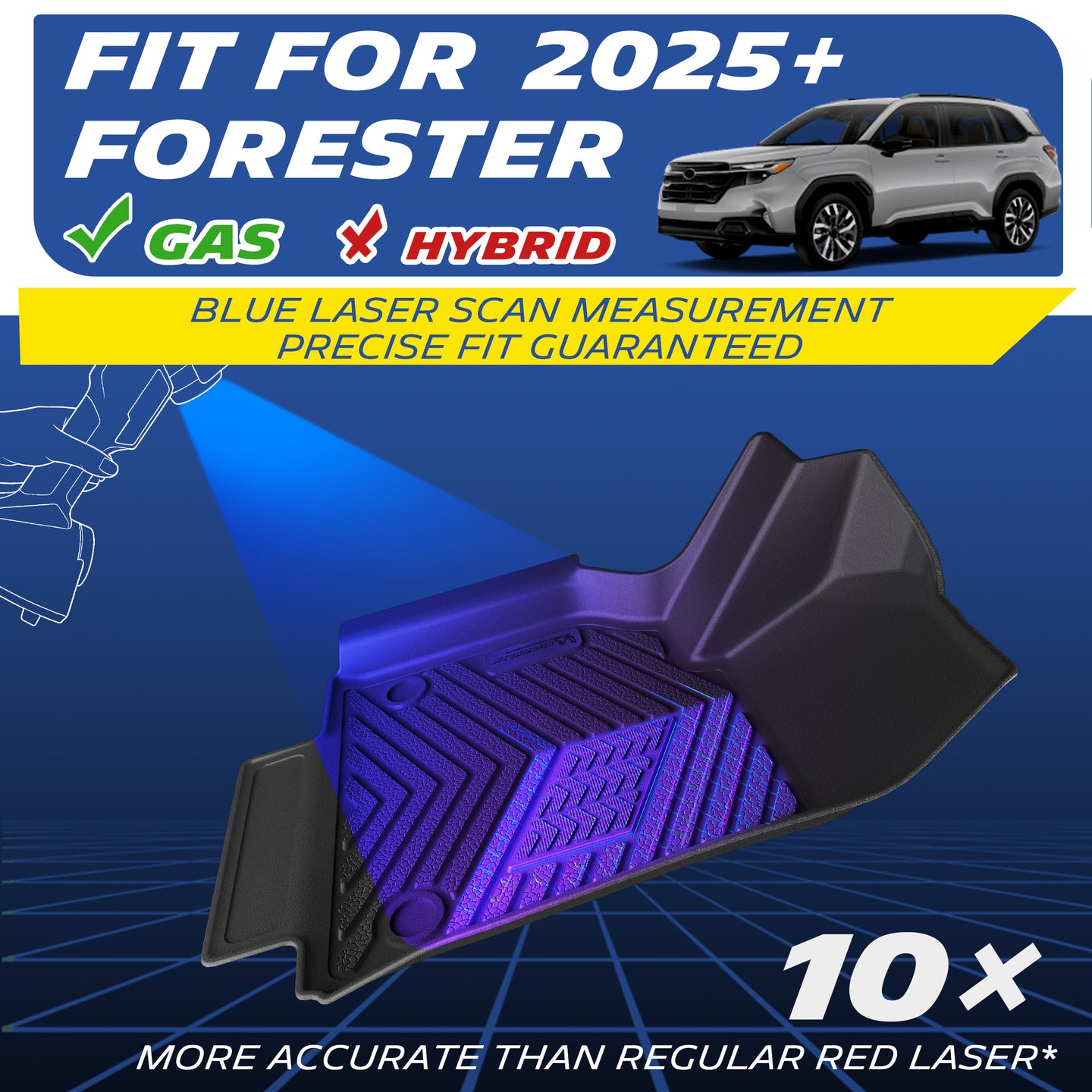 Blue laser scanned Michelin TPE mat for 2025+ gas-only Subaru Forester, 10x higher precision