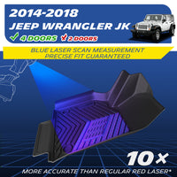 Michelin all-weather TPE floor mats, fits 2014-2018 Jeep Wrangler JK 4-door models (not for 2-door), blue laser scan measurement for precise fit, 10x more accurate than standard red laser, custom-fit guaranteed.