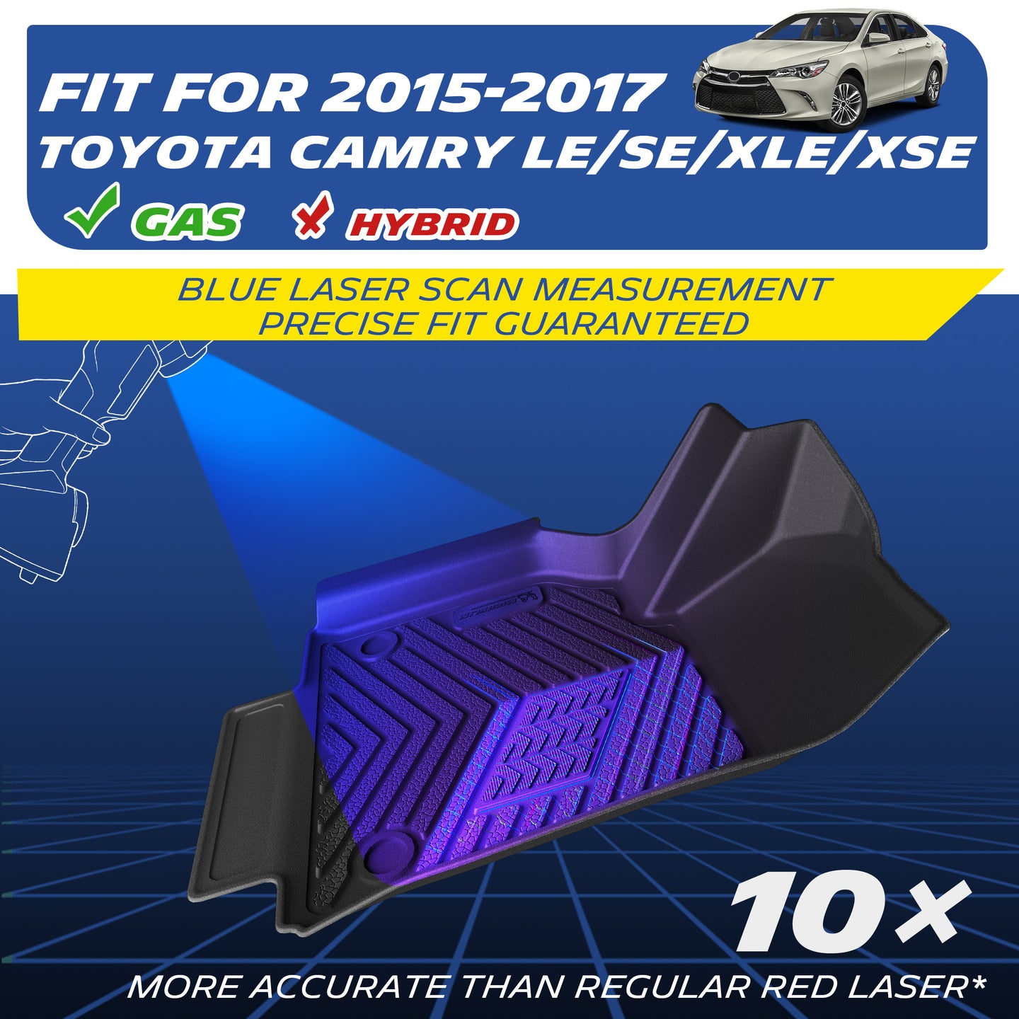 Blue laser custom TPE mat for 2015-2017 gas Toyota Camry LE/SE/XLE/XSE, not for hybrid models