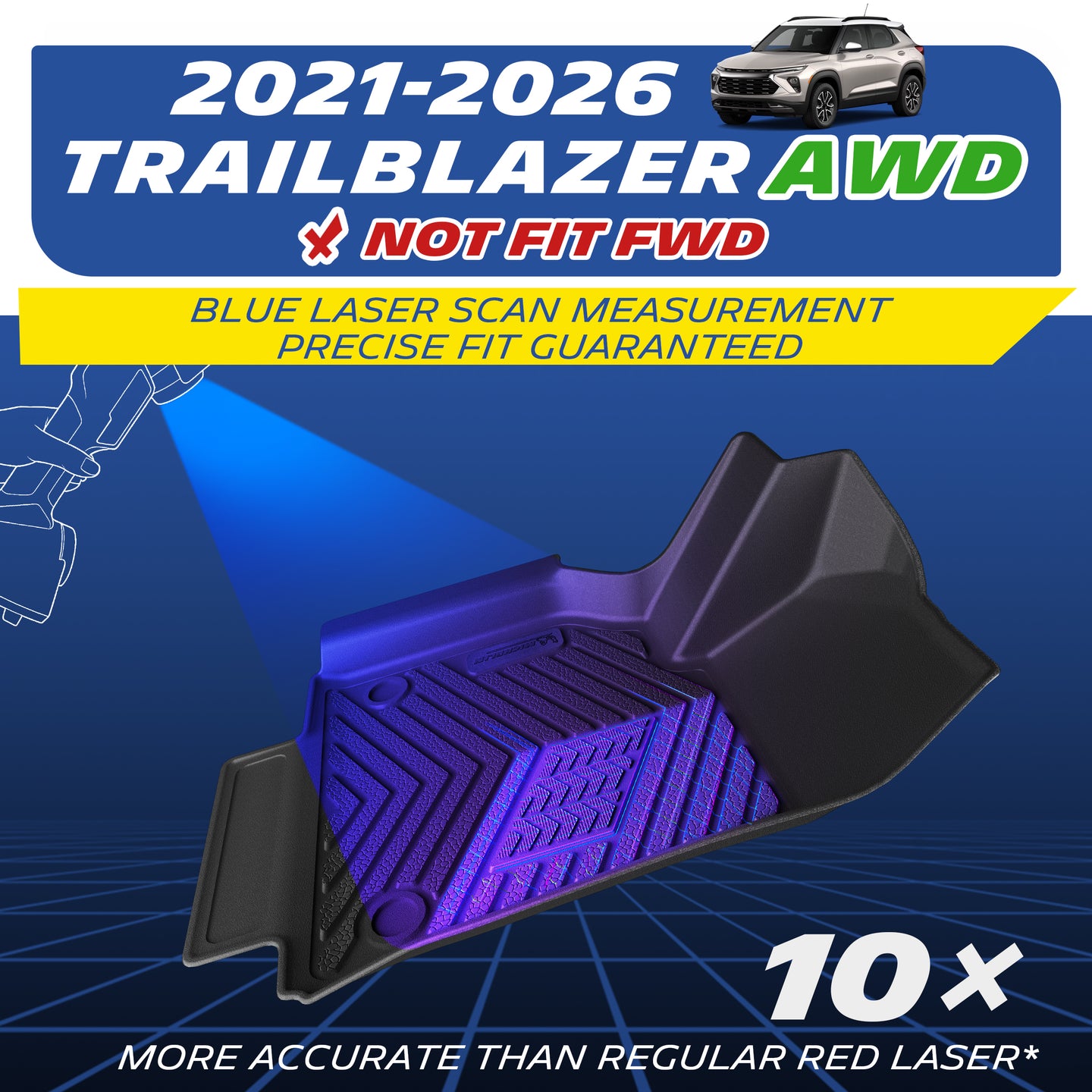 Vehicle application: custom floor mats for 2021–2026 Chevrolet Trailblazer AWD only (not FWD), blue laser scanning for ultra-precise vehicle contour molding