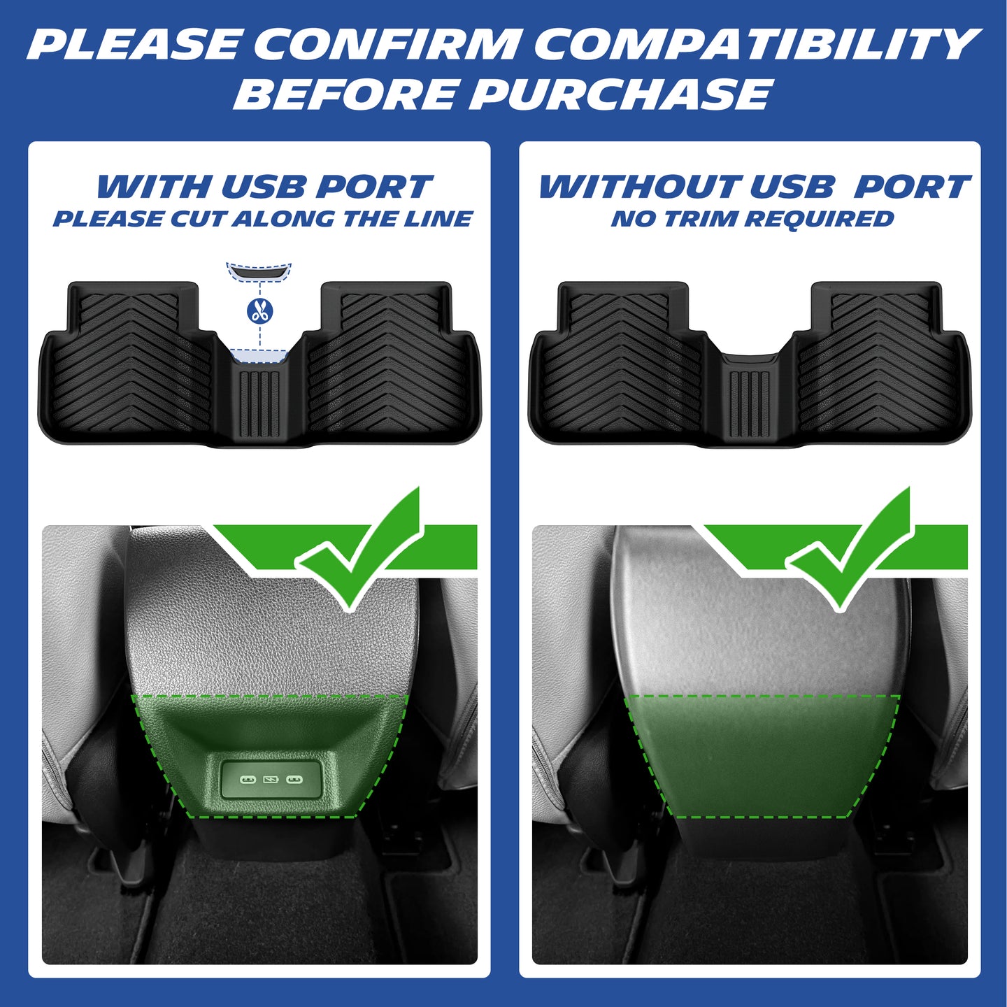 Compatibility guide for car rear floor mat with & without rear USB port
