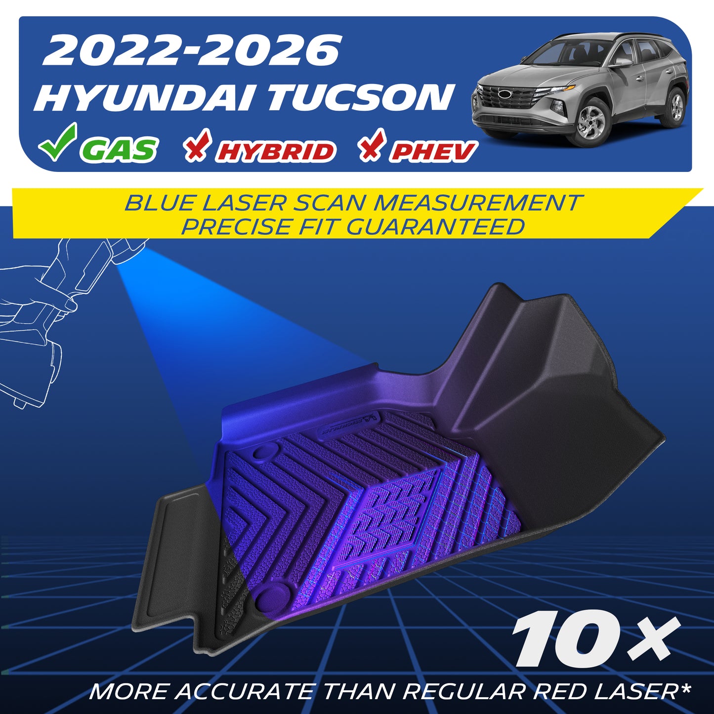  Blue laser precise scanning molding for 2022-2026 gasoline Hyundai Tucson floor mats, excludes hybrid/PHEV models