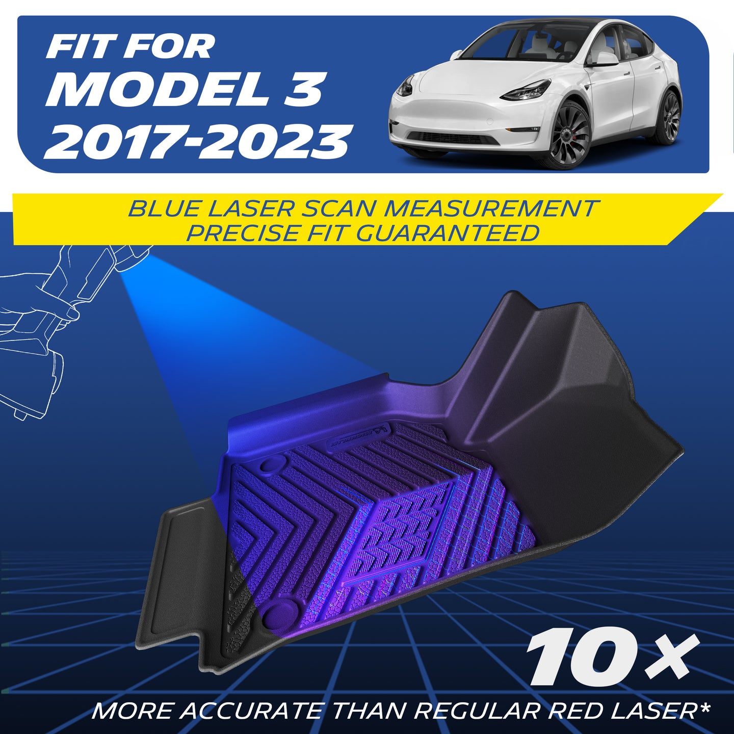 Custom-fit black TPE car floor mat exclusively designed for 2017-2023 Tesla Model 3. Engineered using advanced blue laser scan measurement technology, offering 10x more accuracy than standard red lasers for a guaranteed precise fit.