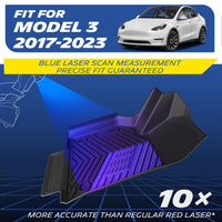 Custom-fit black TPE car floor mat exclusively designed for 2017-2023 Tesla Model 3. Engineered using advanced blue laser scan measurement technology, offering 10x more accuracy than standard red lasers for a guaranteed precise fit.