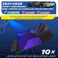 Michelin TPE floor mats for 2021‑2026 7‑seat Chevy Suburban, GMC Yukon XL, Cadillac Escalade ESV, blue laser precise scanning fit